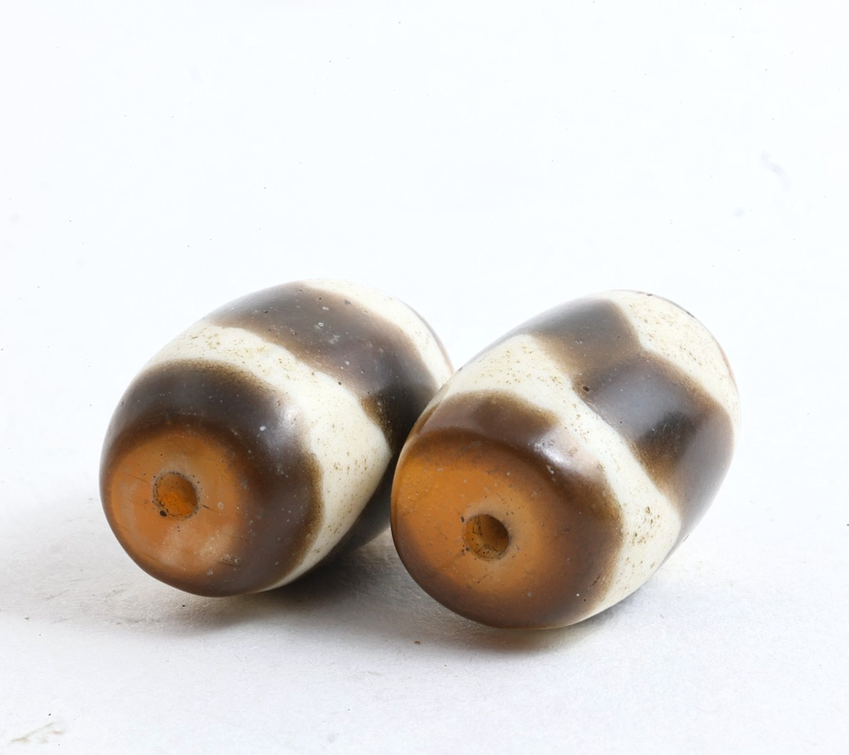 Late Qing Tibetan Glass Beads Pair – Tiger Tooth Dzi (Huya Tianzhu) Style (Z)
