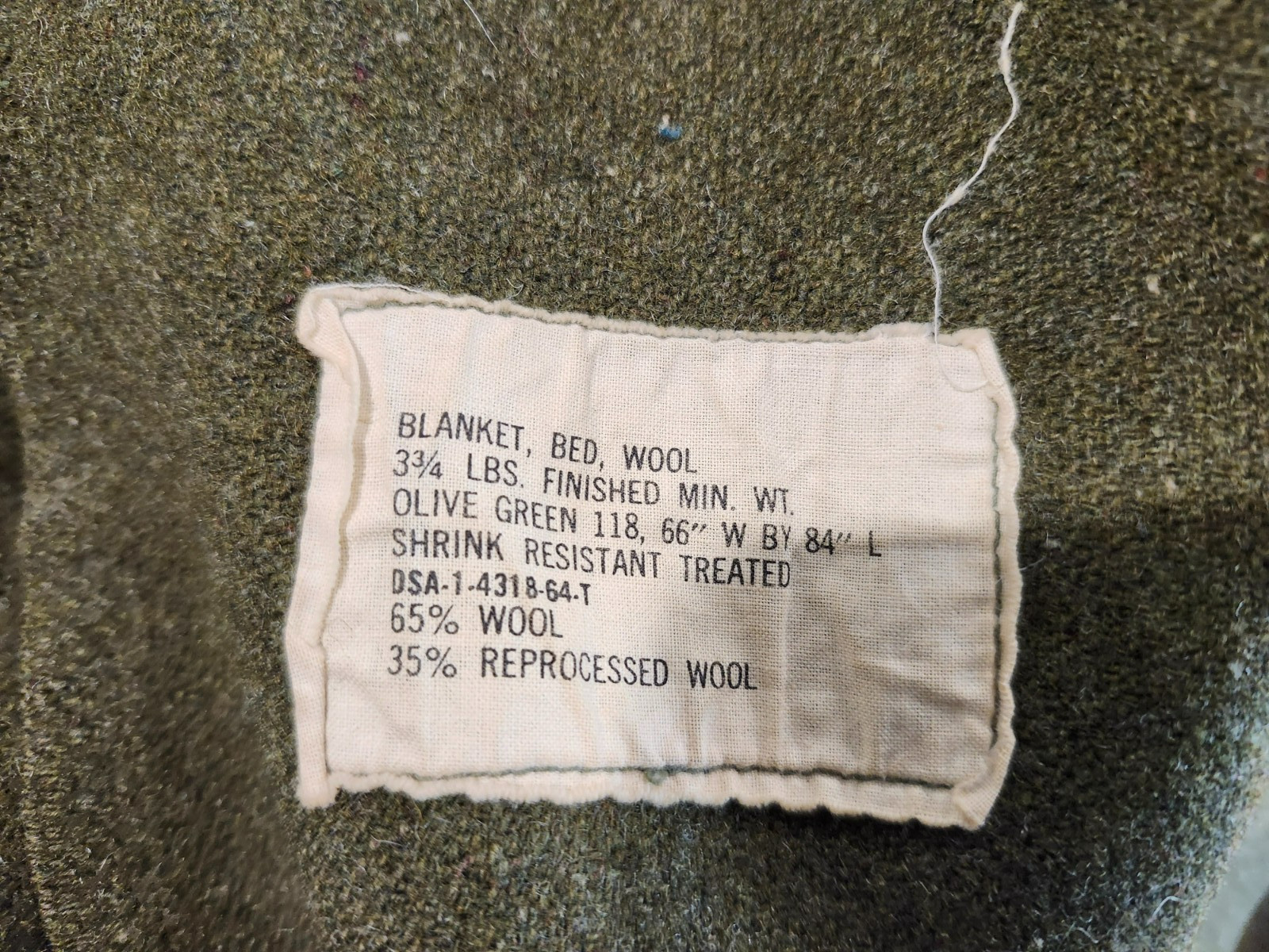 Authentic Vintage US Army 100% Wool Blanket 66in x 84in Olive Green 1960's