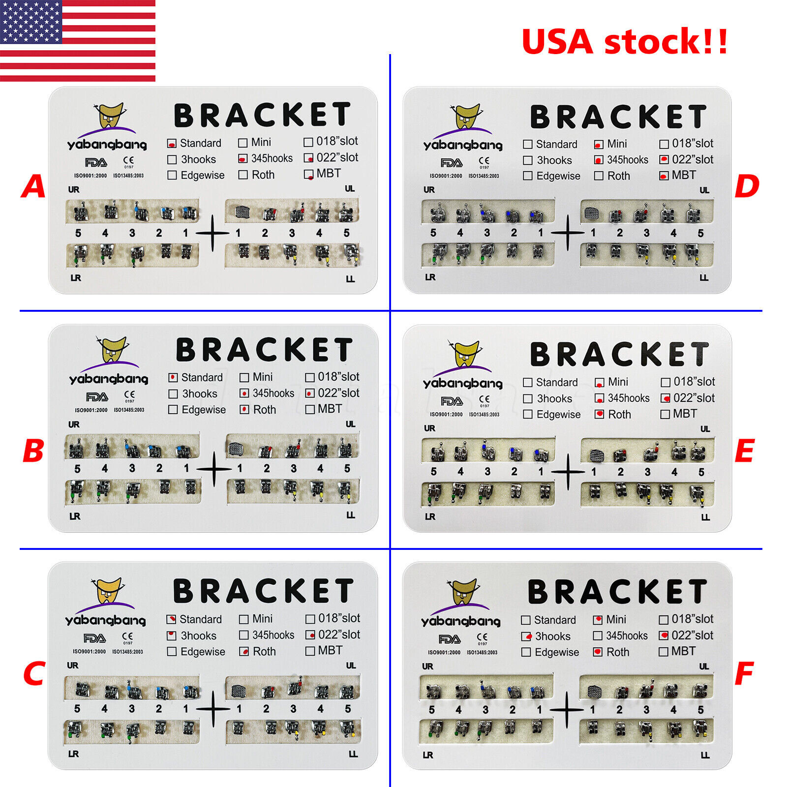 200pcs Dental Orthodontic Bracket Braces Roth/MBT 022" Slot 3/345 hooks Metal US