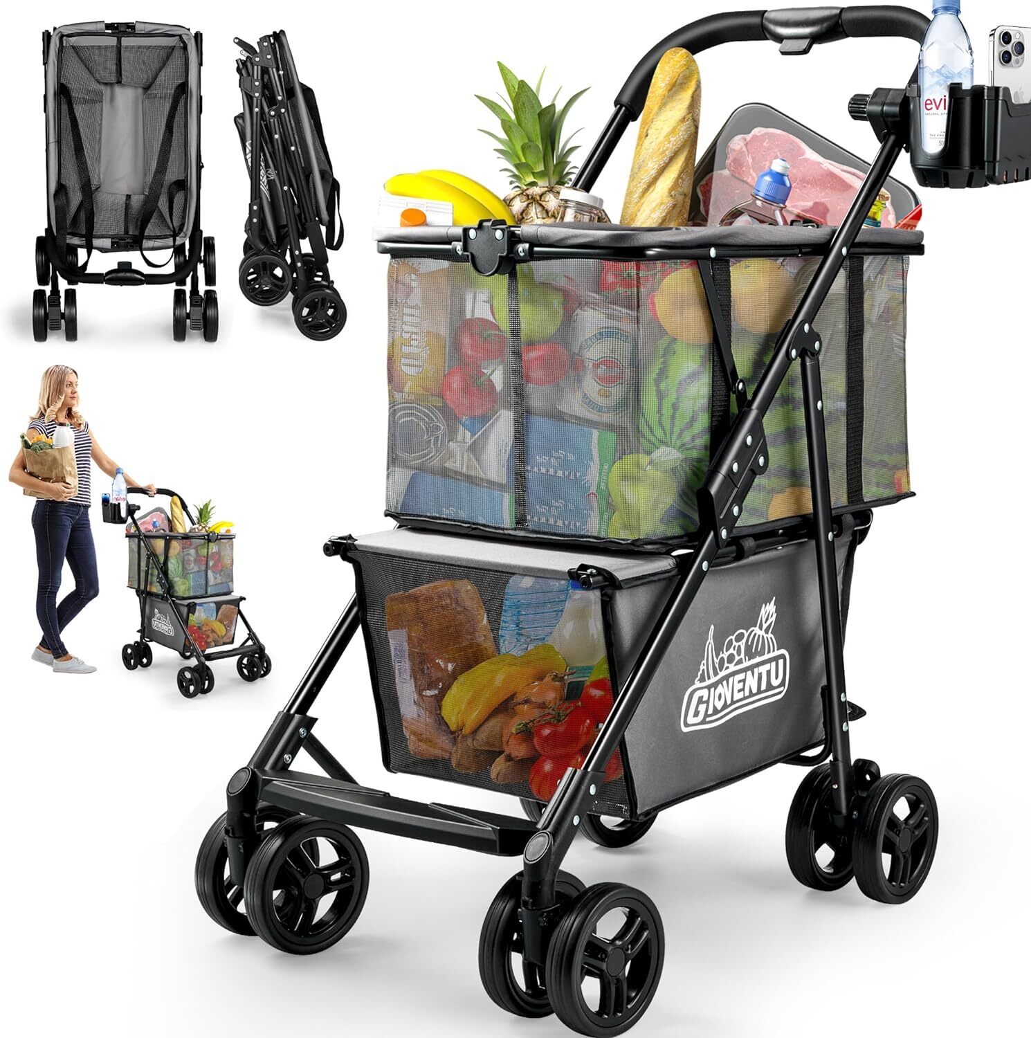 Folding Shopping Cart for Groceries(80lbs) Multifunctional Collapsible Cart