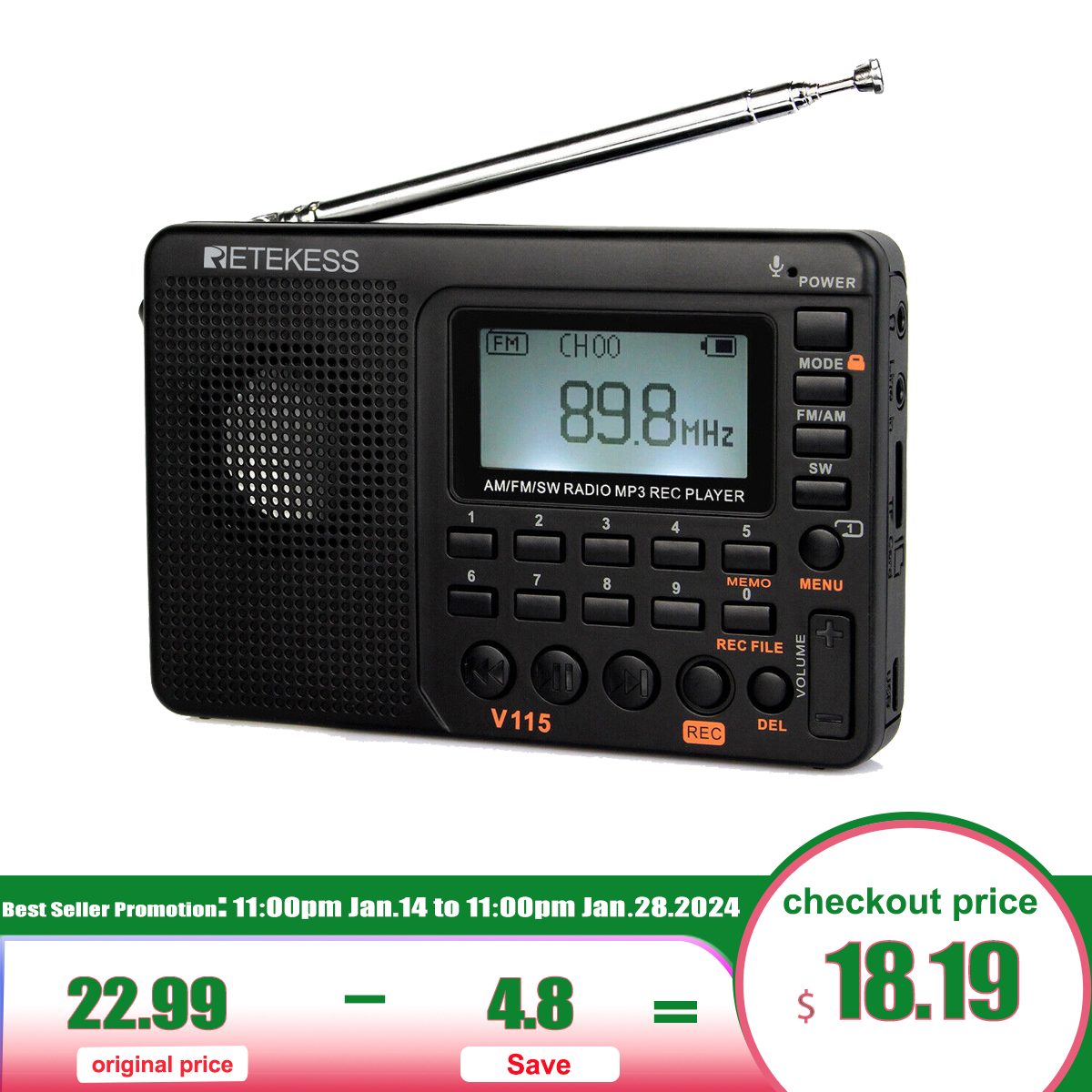 Retekess V115 Portable AM/FM/SW Radio Receiver MP3 Player Rechargeable Home Gift