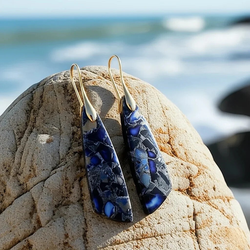 Natural Blue Imperial Jasper Teardrop Dangle Earrings Gemstone Drop Boho Jewelry