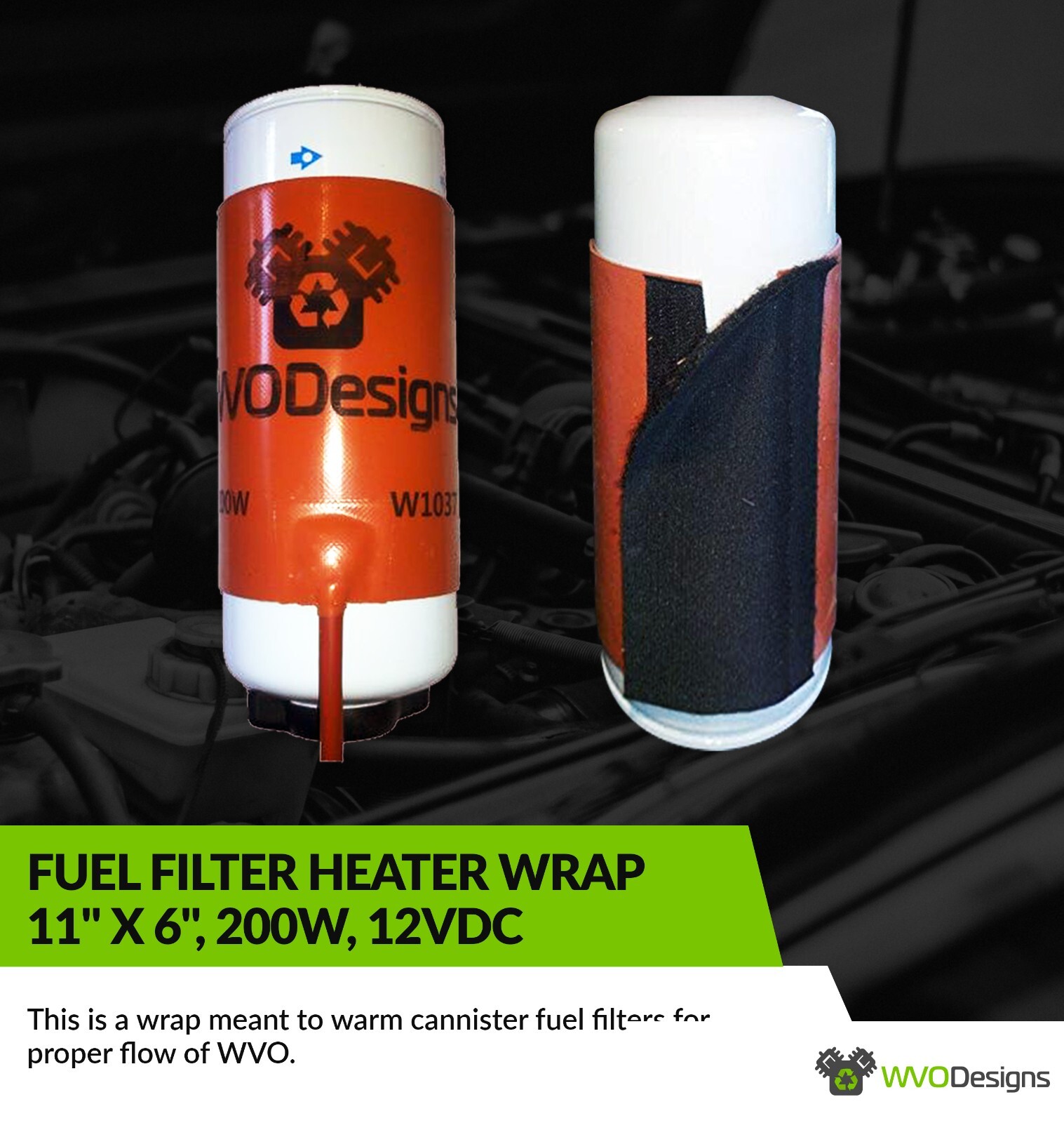 WVO Designs Large Fuel Filter Heater Wrap 200W, 12V (11" x 6")