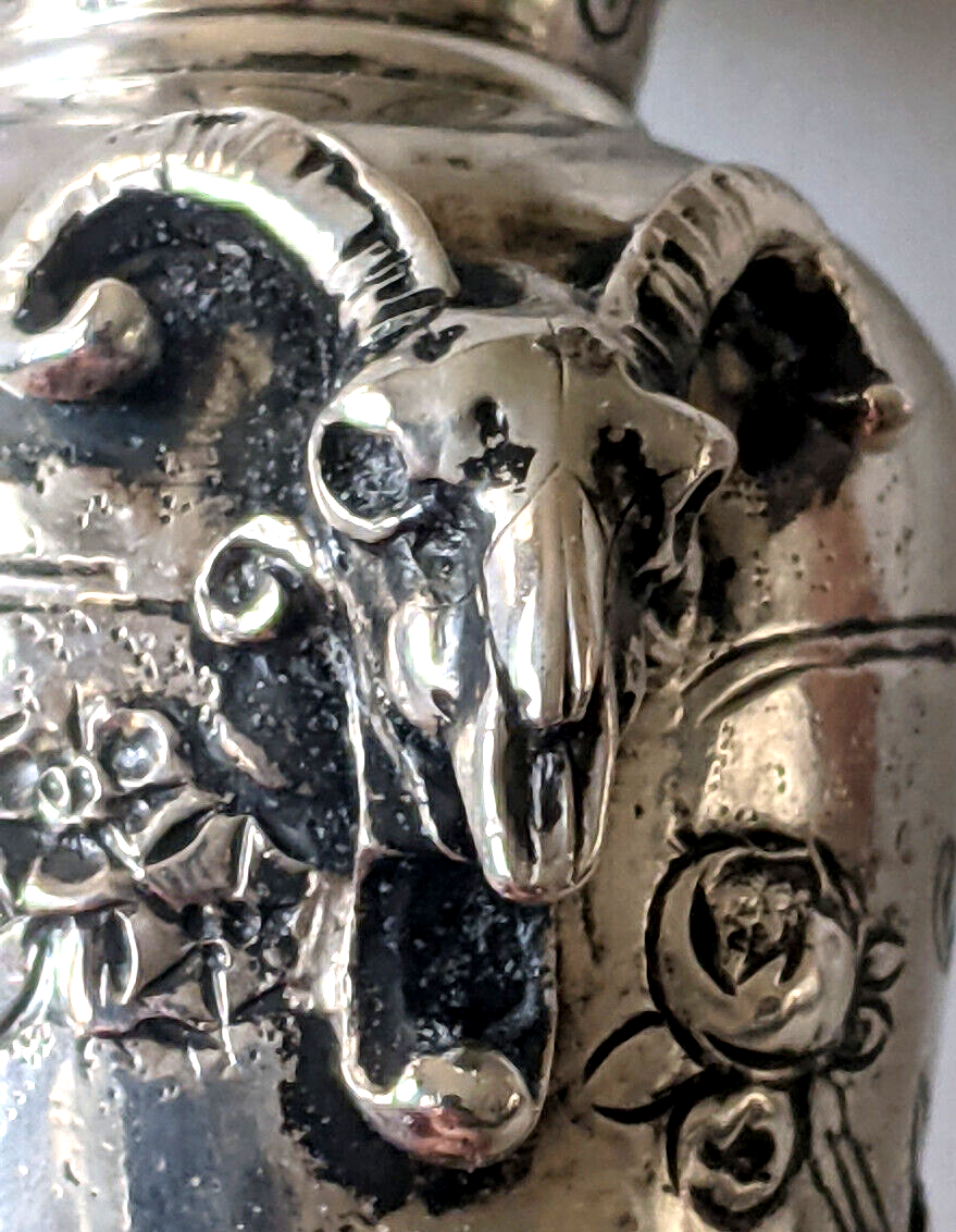 c.1900 Antique German Kaser & Walter 800 Silver Cabinet Vase. Applied Ram Skulls
