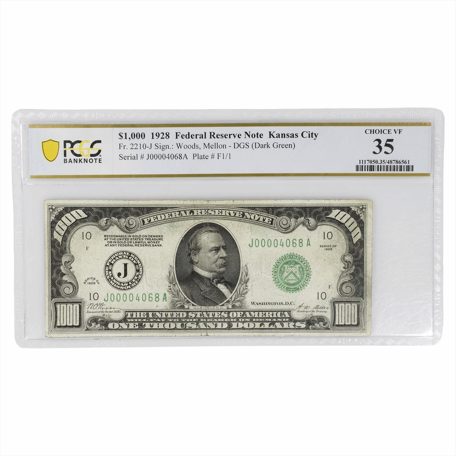 1928 $1000 US Federal Reserve Note Kansas City MO Fr#2210-J PCGS Very Fine 35