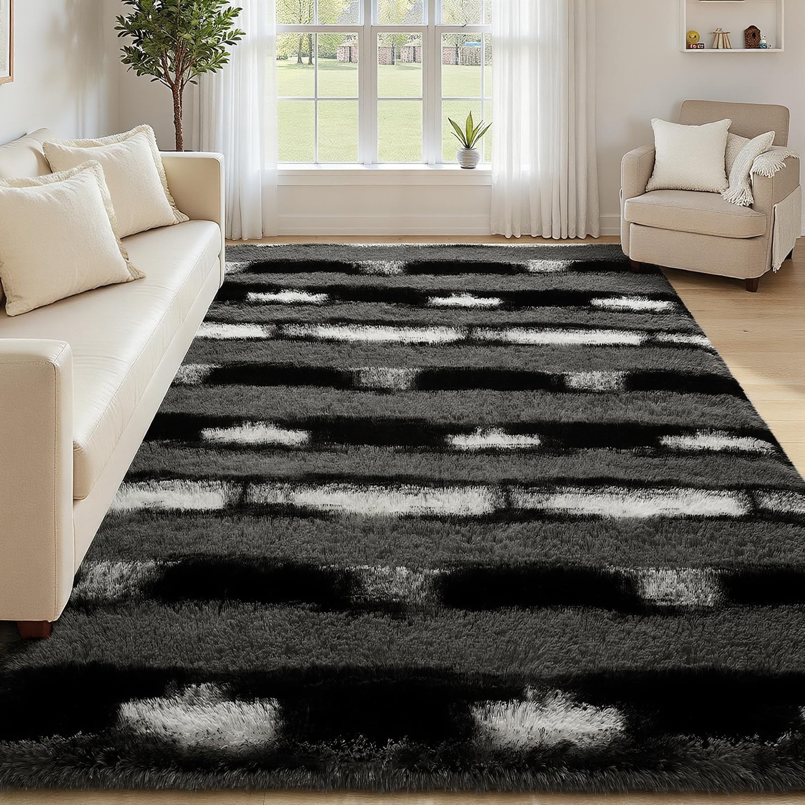 Fluffy Area Rugs for Bedroom Living Room, 4x6 Black and Grey Soft Plush Strip...