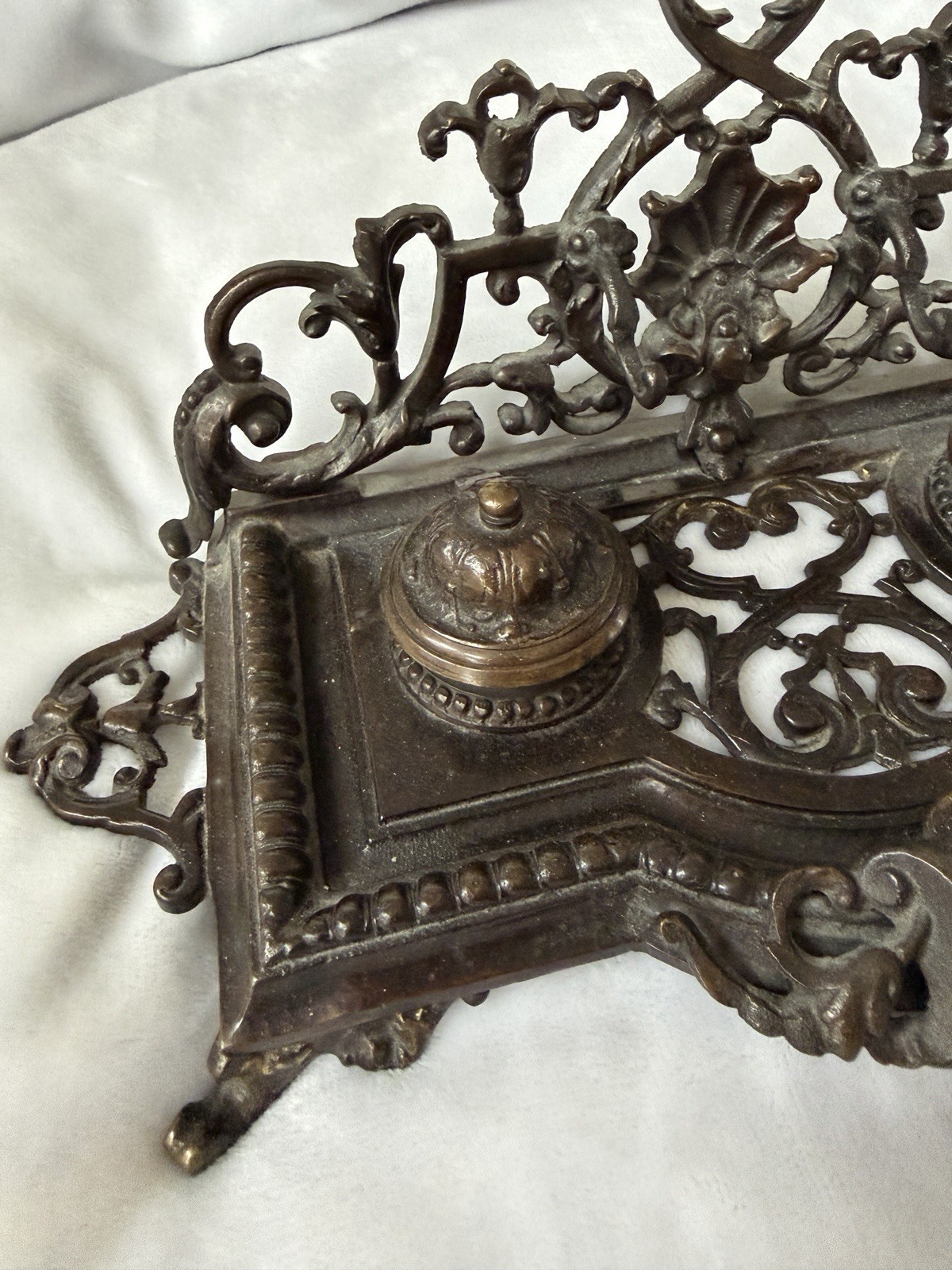 Large Ornate Antique Bronze / Brass Double Inkwell Victorian style