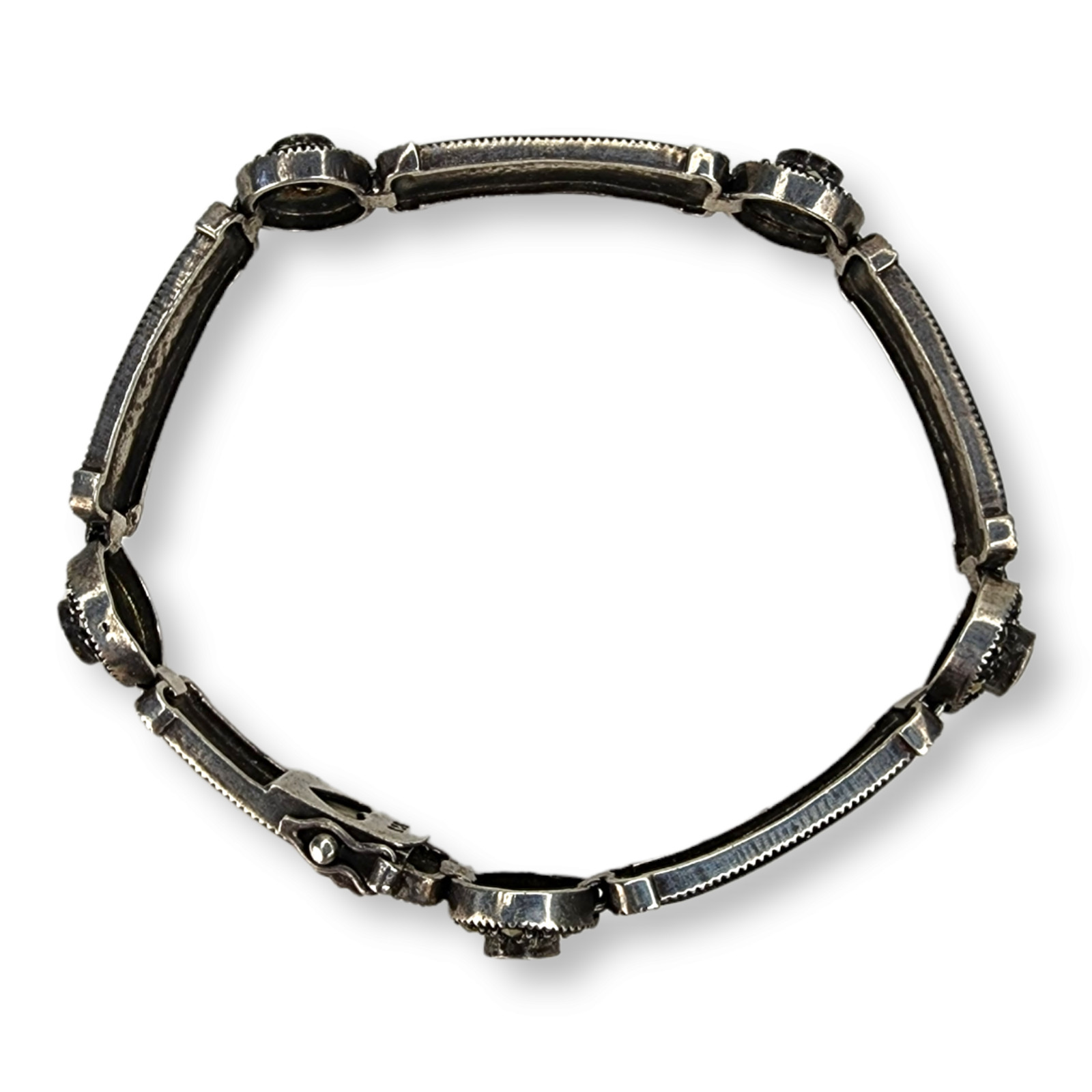 Vintage Sterling Silver 925 Marcasite and Black Onyx Link Bracelet 7.5 Inches