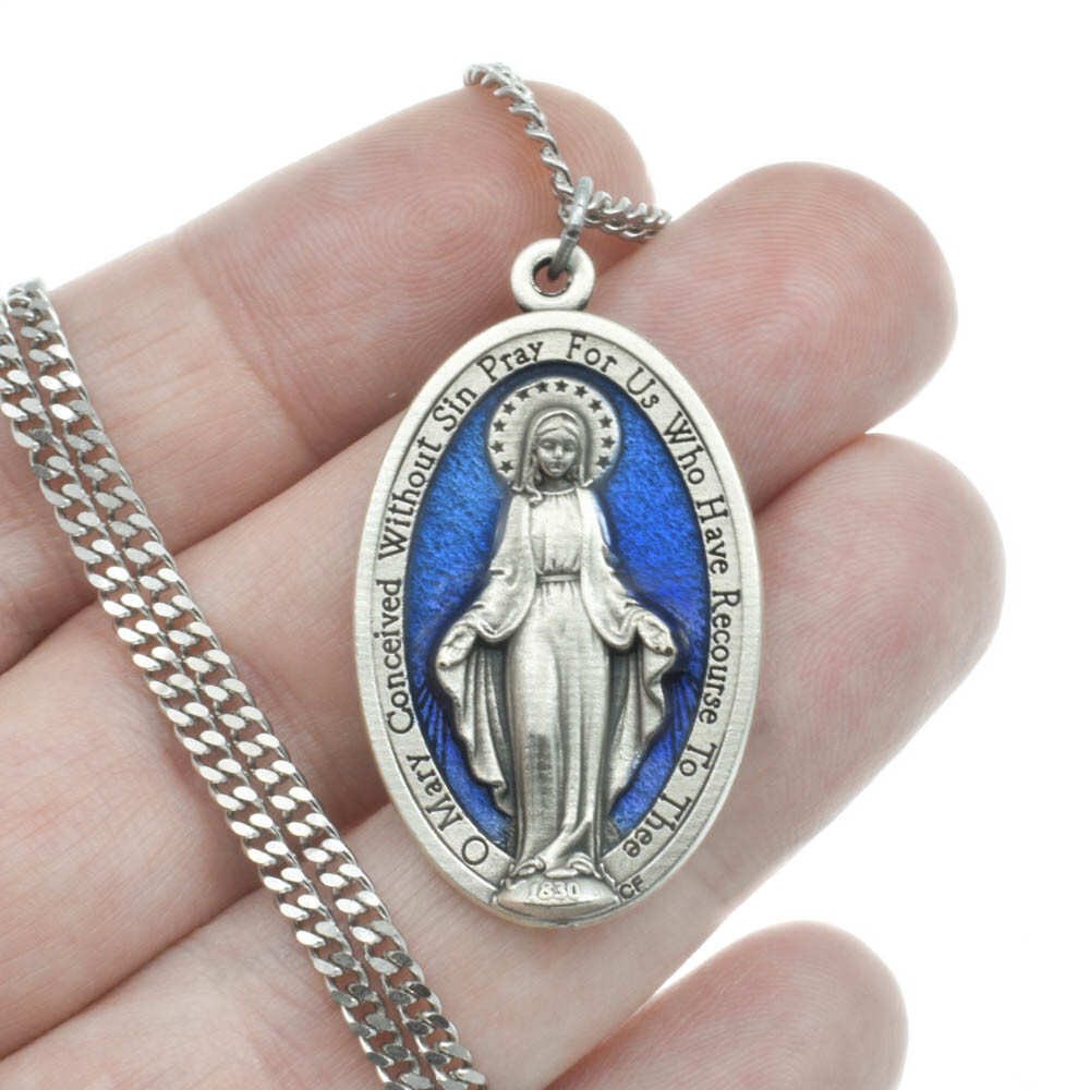 Large 1 3/4" Blue Miraculous Medal Mary Pendant Necklace Italy w 24" Curb Chain