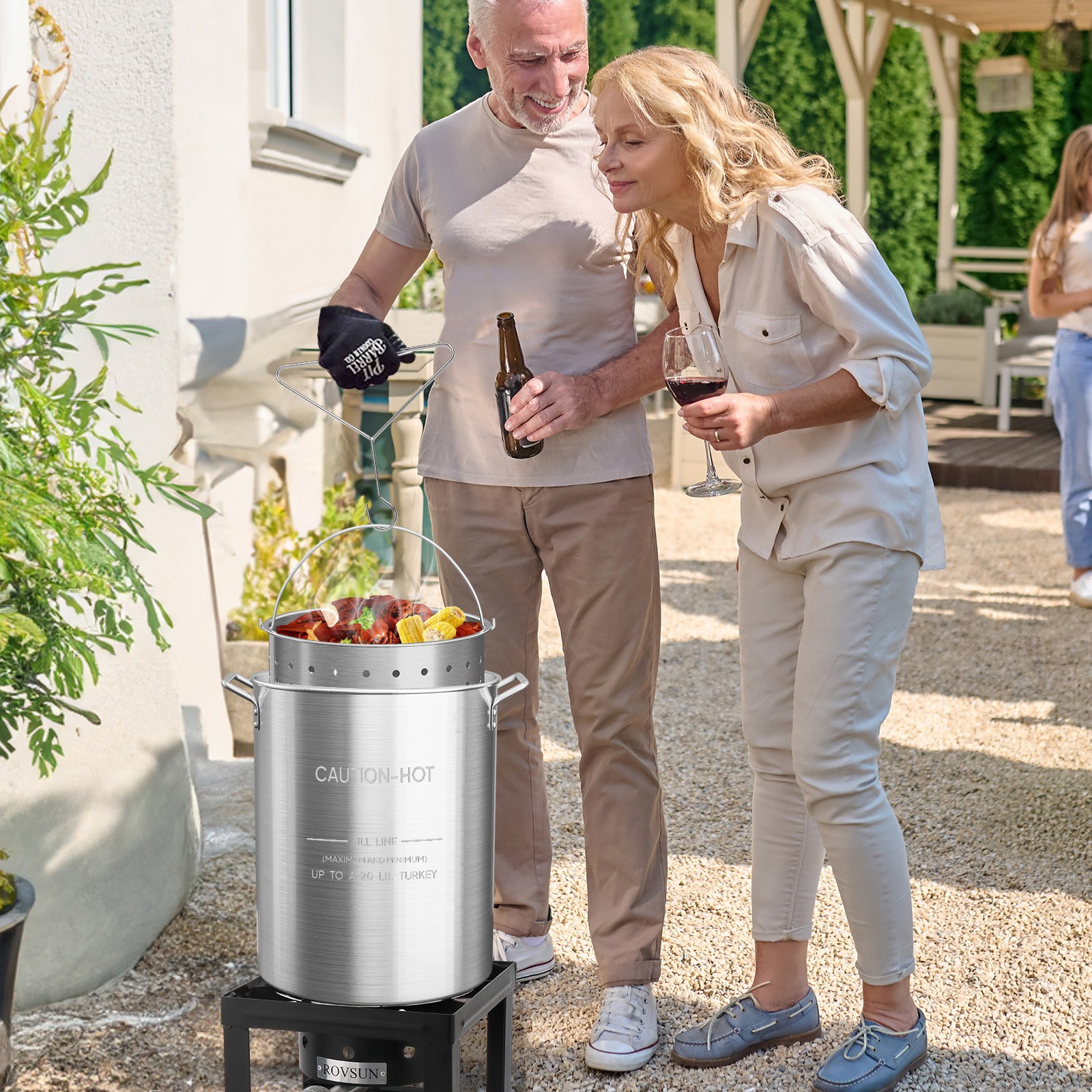 30 QT Aluminum Seafood Boil Pot with Strainer Basket, Lid, Hook for Boiling