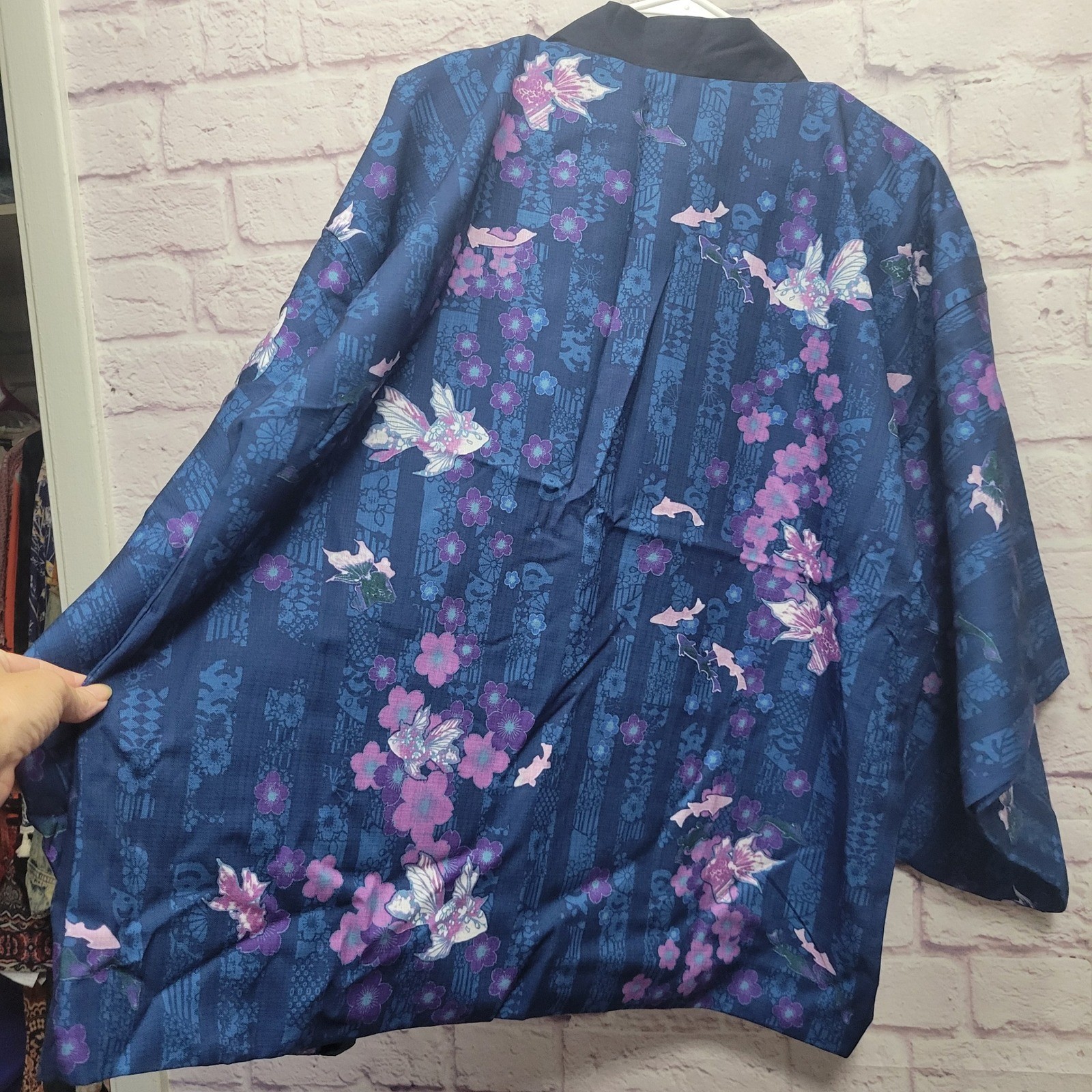 Japanese Kimono Jacket Womens XL+ Blue Purple Floral Asian Design Boxy Sleeves