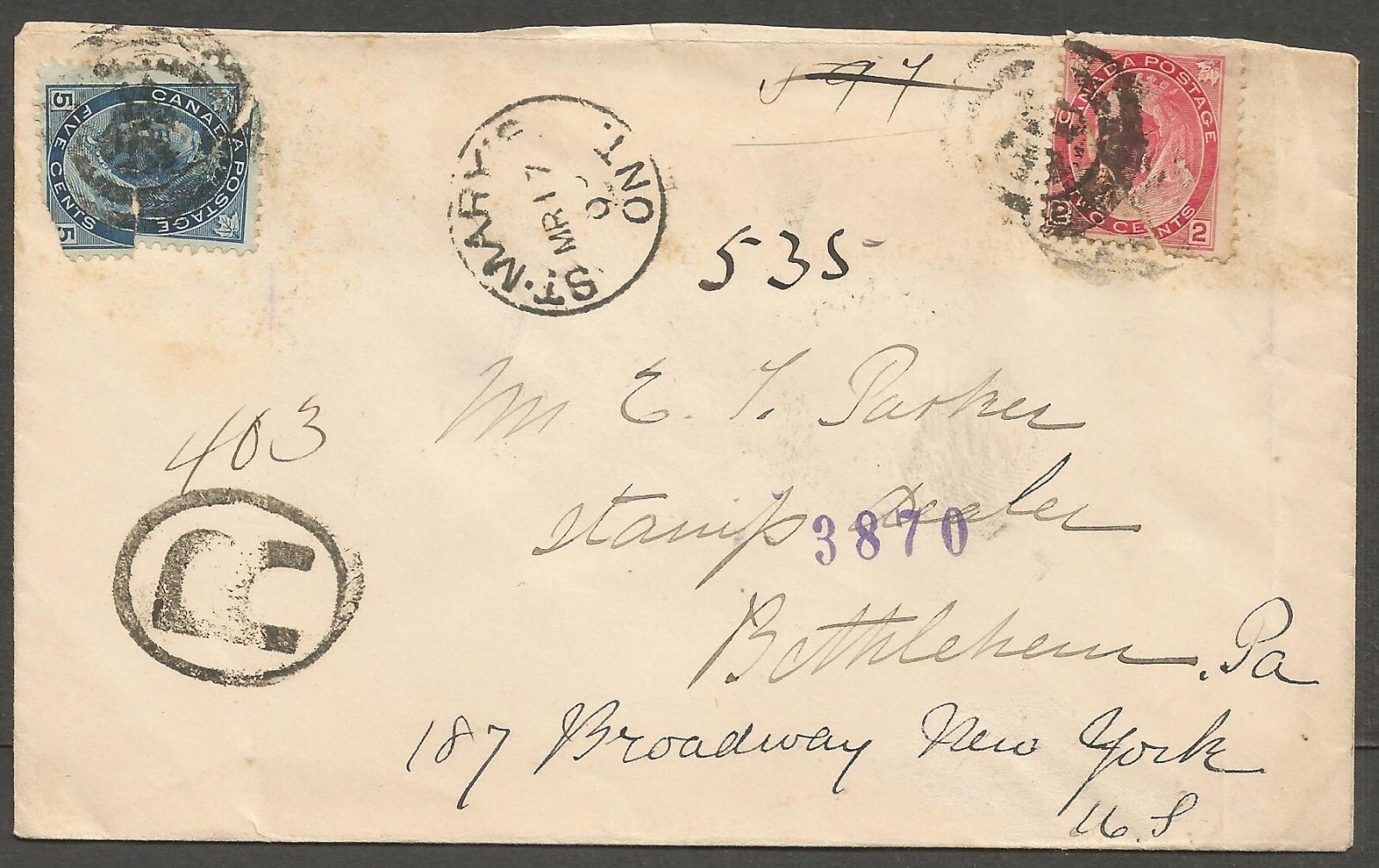1900 St Mary's Ontario to USA Registered Cover 7c Numerals Multi CDS