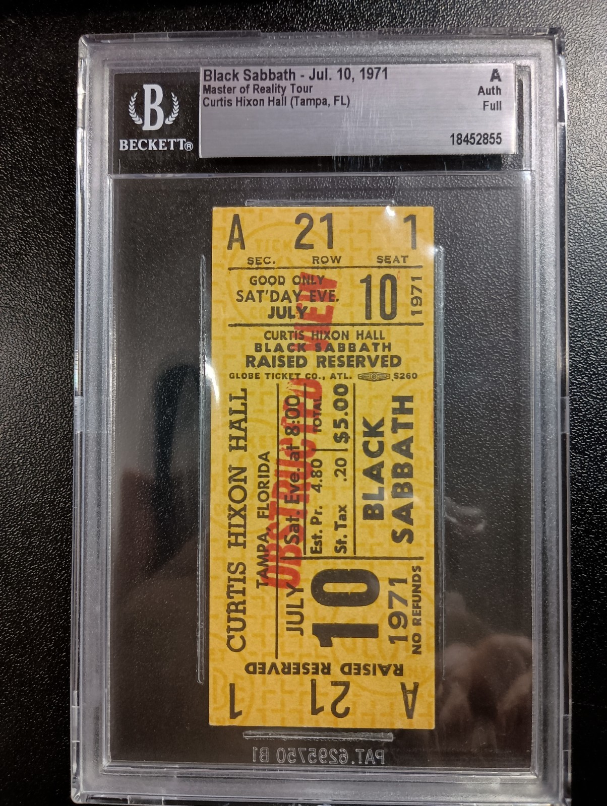 Black Sabbath Full Yellow Concert Ticket Curtis Hixon Hall Tampa 7/10/1971 BAS