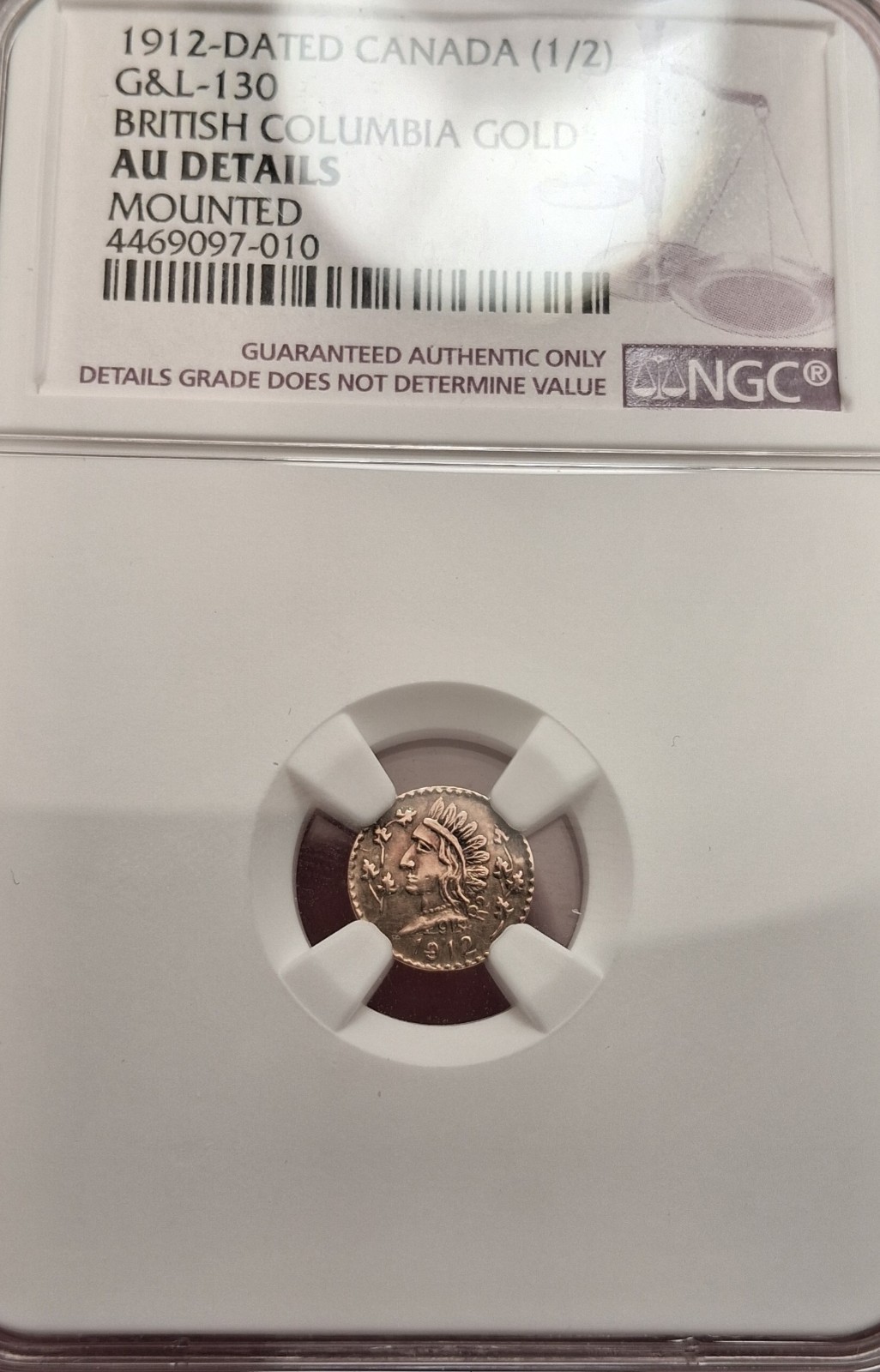 G&L-130 1912 British Columbia Gold Indian NGC AU / California Fractional