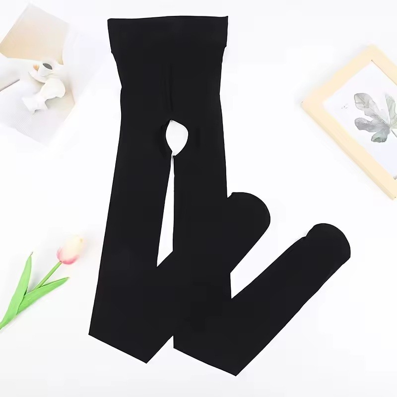 OIL GLOSSY SMOOTH SHEER OPEN CROTCHLESS PANTYHOSE TIGHTS SHINY BLACK STOCKINGS