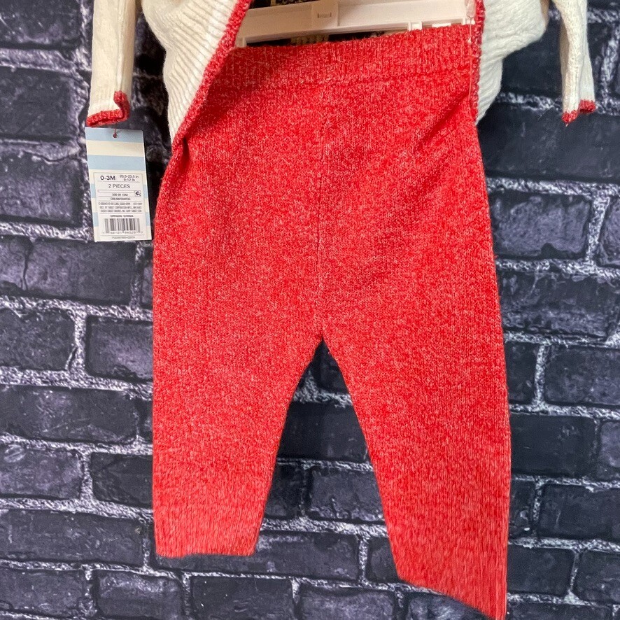 Cat & Jack 0-3 Month Knit Reindeer Cream Red Pants Set