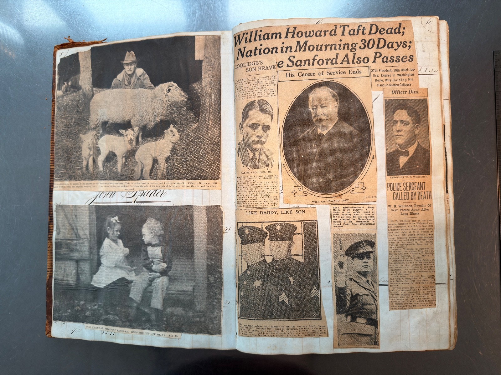 Large Newspaper Clipping Scrapbook NY/NJ 1920s-30s on 1840s Leatherbound Ledger