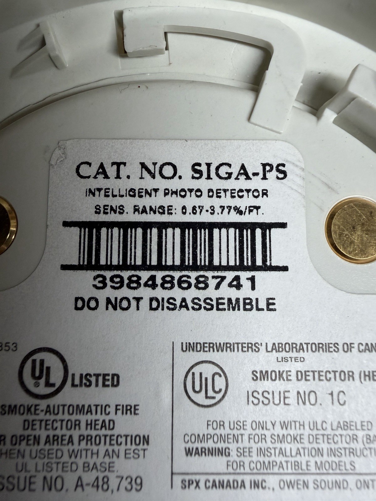 (1) EST Edwards SIGA-PS Addressable Photoelectric Fire Alarm Smoke Detector Head