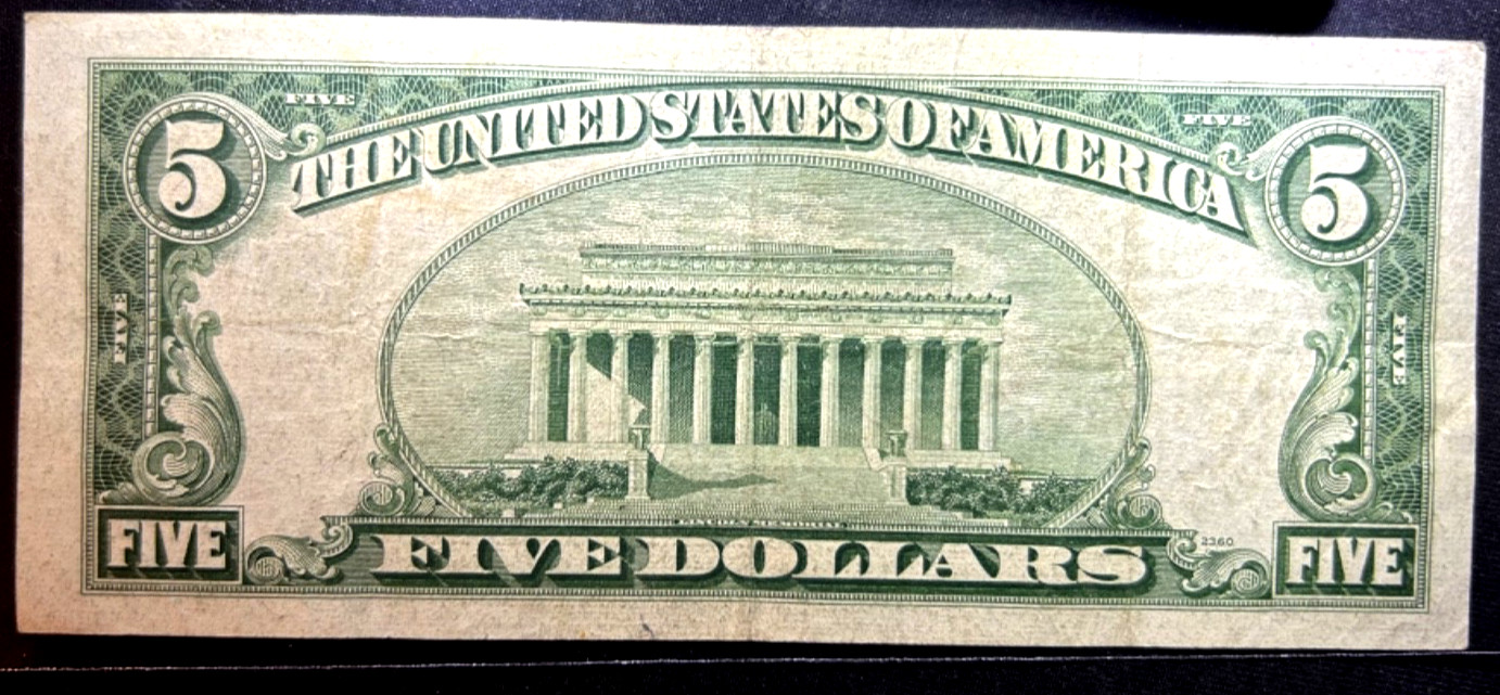 1963 FIVE DOLLAR RED SEAL CIRCULATED NOTE $5