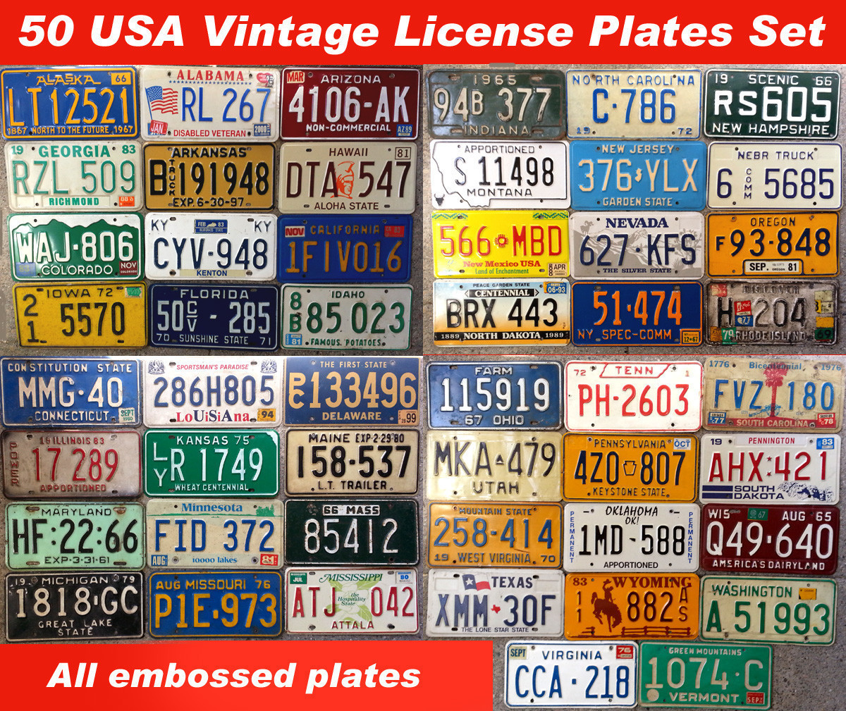 ALL 50 UNITED STATES VINTAGE LICENSE PLATE SET NUMBER TAG LOT USA RARE 1960s-90s