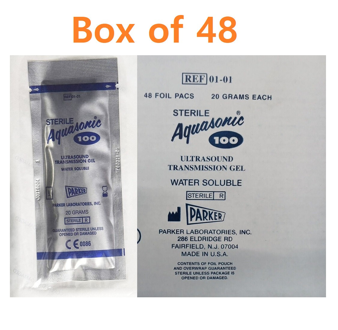 48/Box Aquasonic Parker Ultrasound Gel Yellow 20 Gram Packet Sterile REF 01-01