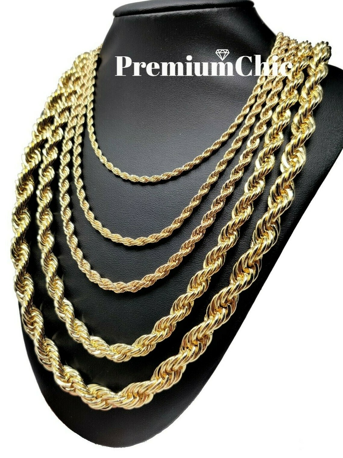 Rope Chain Necklace 3mm to 10mm 16" to 30" 14K Gold Plated Mens Hip Hop Jewelry