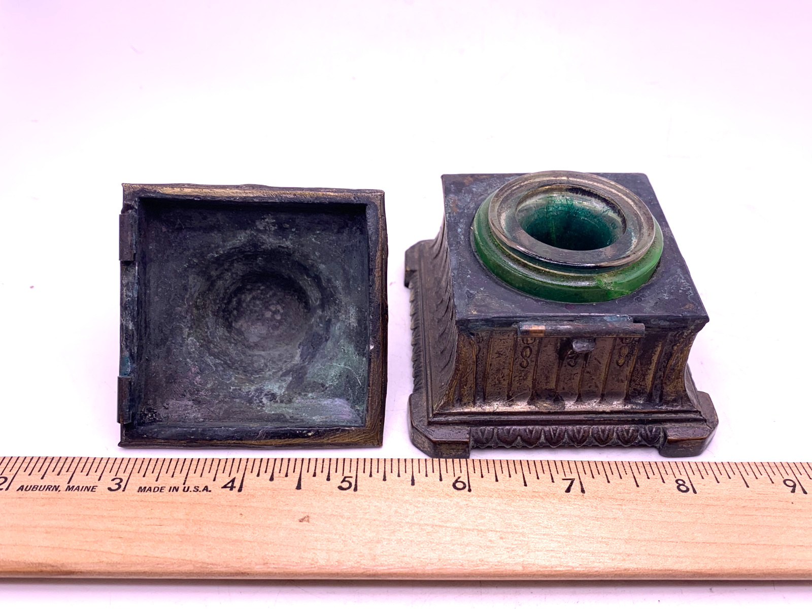 Antique Uranium Glass insert bronze inkwell very worn / damaged