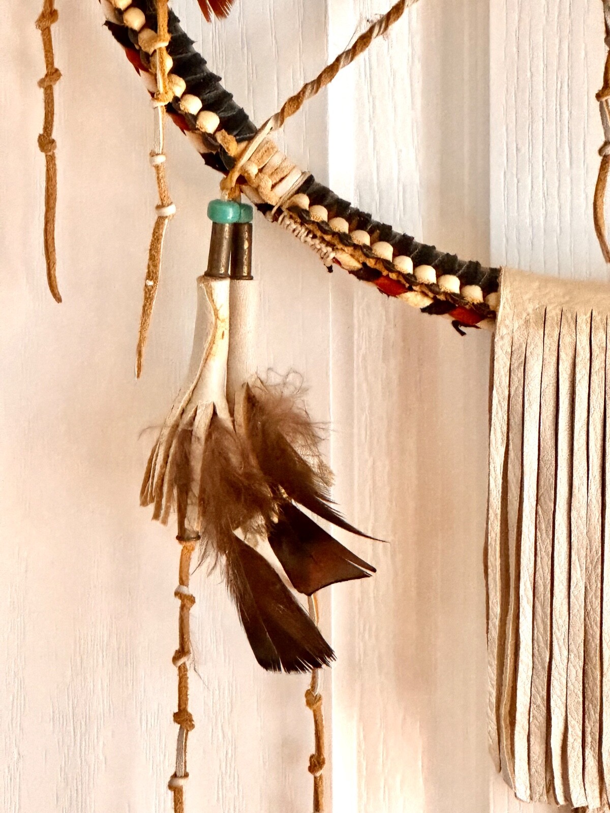 Medicine Wheel-Hopi Artist Lone Eagle Wall Art Braided Leather Wood Hoop Signed