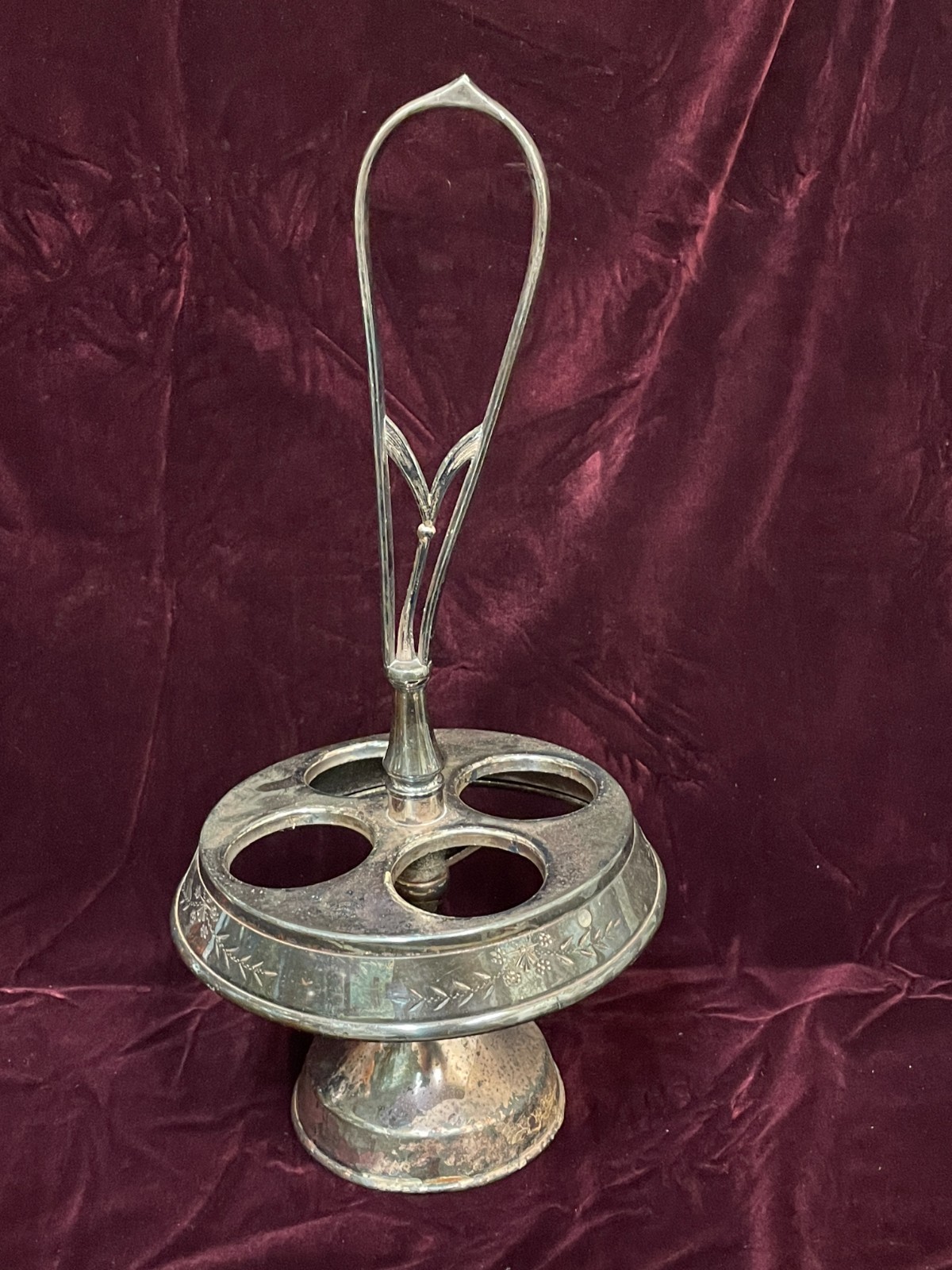 Antique 1800's Wilcox Silver Plate Cruet Condiment Set 3 Etched Amber Bottles