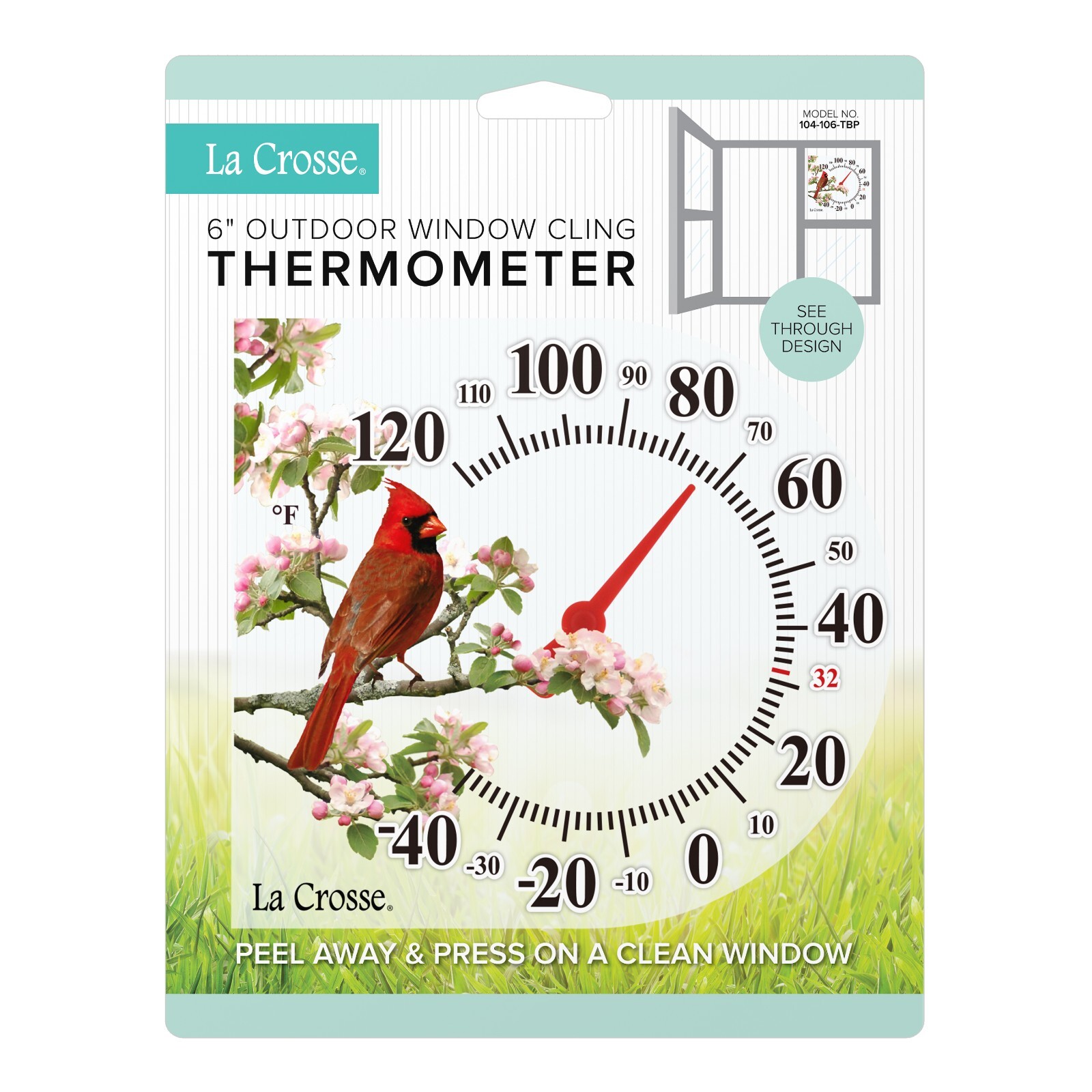 104-106 La Crosse 6" Indoor/Outdoor Window Cling Thermometer - Cardinal