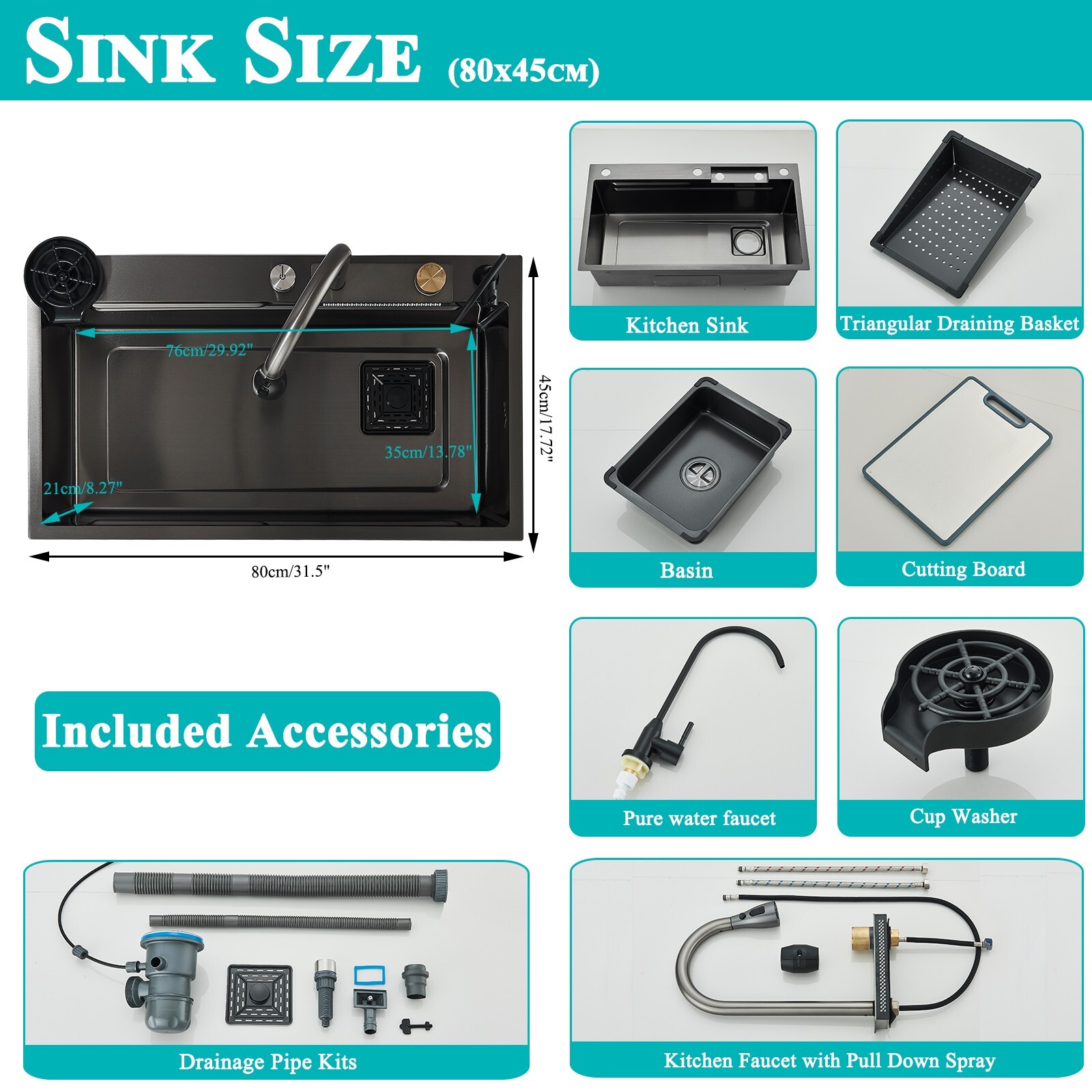 31.5" Flying Rain Stainless Steel Waterfall Kitchen Sink with Faucet Single Bowl