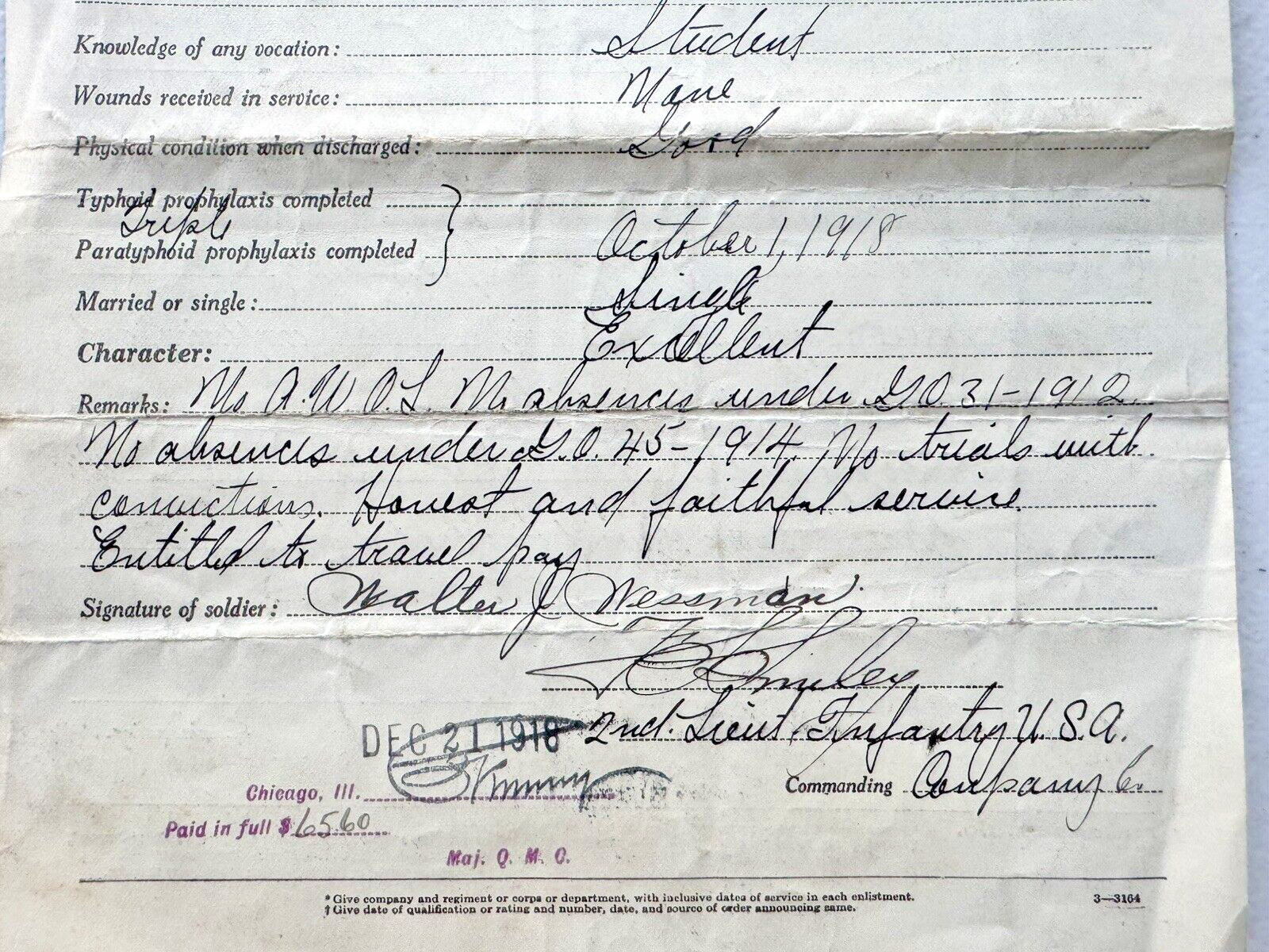 1918 WWI HONORBLE DISCHARGE PAPERS FROM THE UNITED STATES ARMY PRIVATE WESSMAN