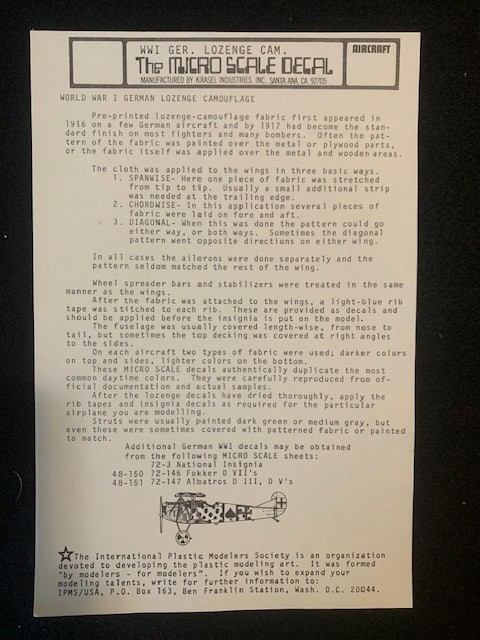 MICROSCALE 1/48 WWI GERMAN LOZENGE CAMOUFLAGE PATTERN - LOWER SURFACE