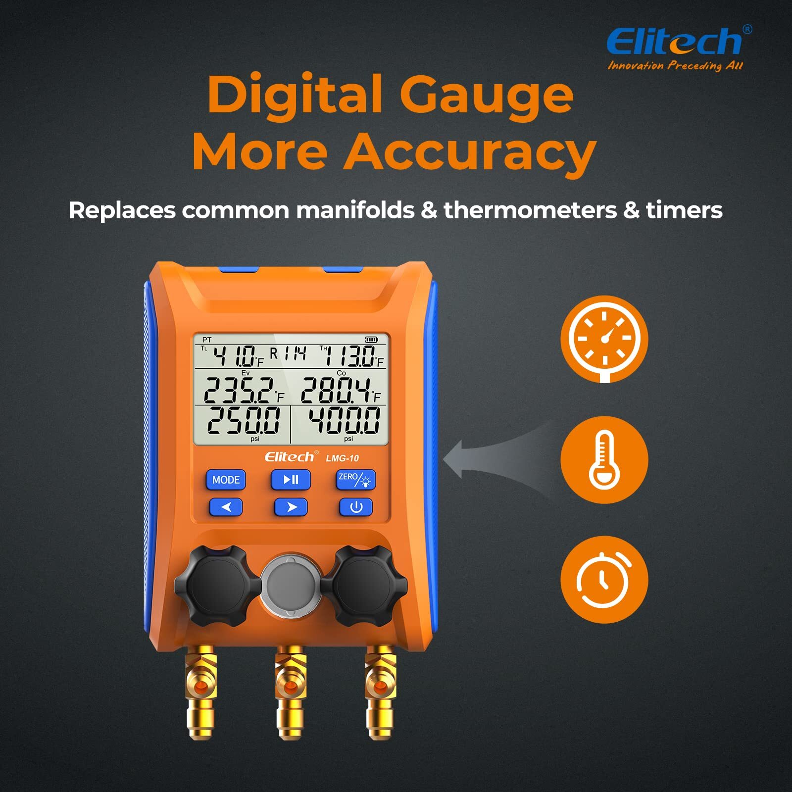 Elitech LMG-10 Digital Manifold Gauge Refrigeration Pressure Vacuum Temp Gauge