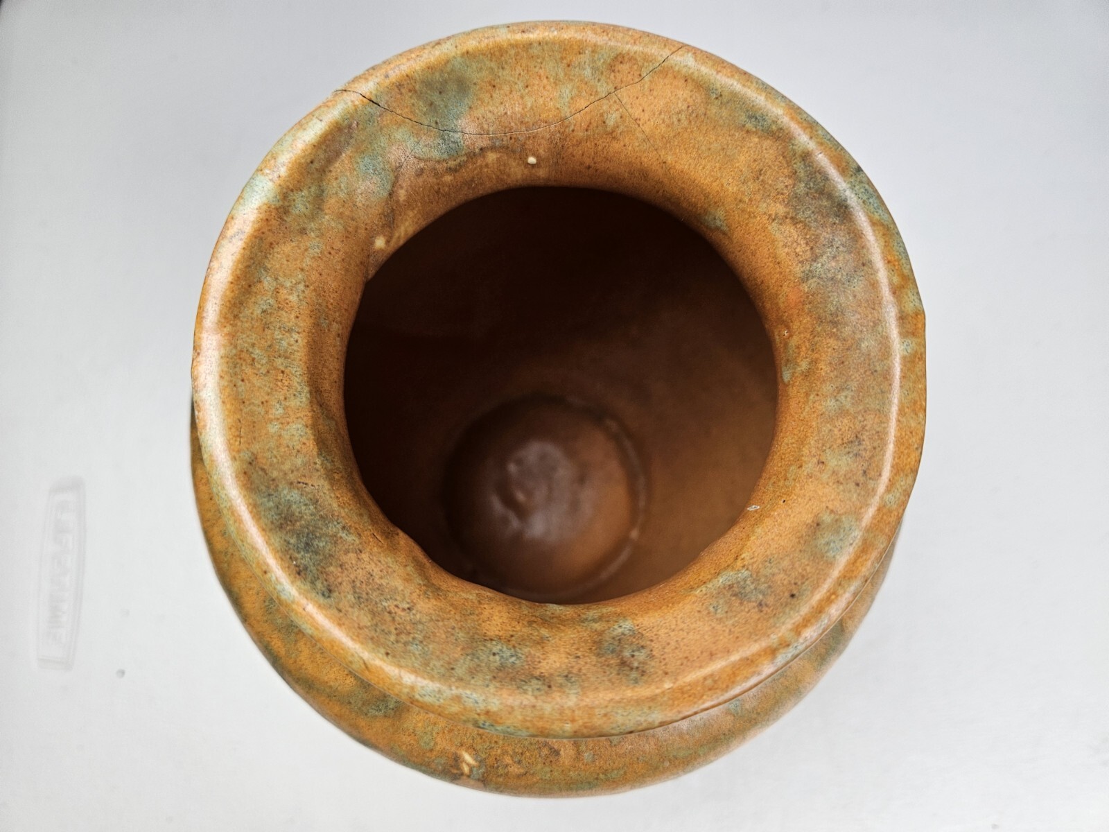 Vintage Burley Winter Art Pottery Wide Mouth Mottled Ceramic Vase 8.5" CRACKED