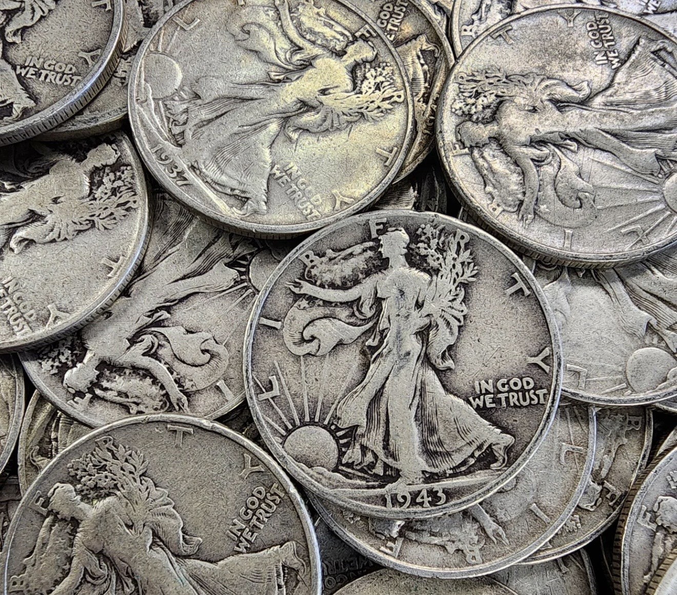 $10 Face Value Walking Liberty Silver Half Dollars (20), FV MIXED DATES roll 50c