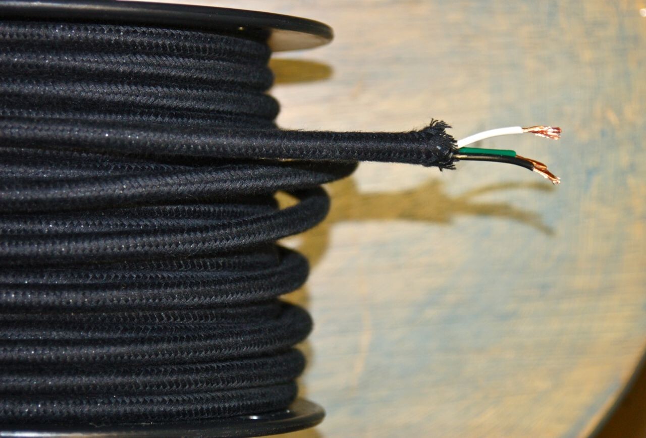 Black Cotton Cloth Covered 3-Wire Round Pulley Cord, Vintage Pendant Lights Fans