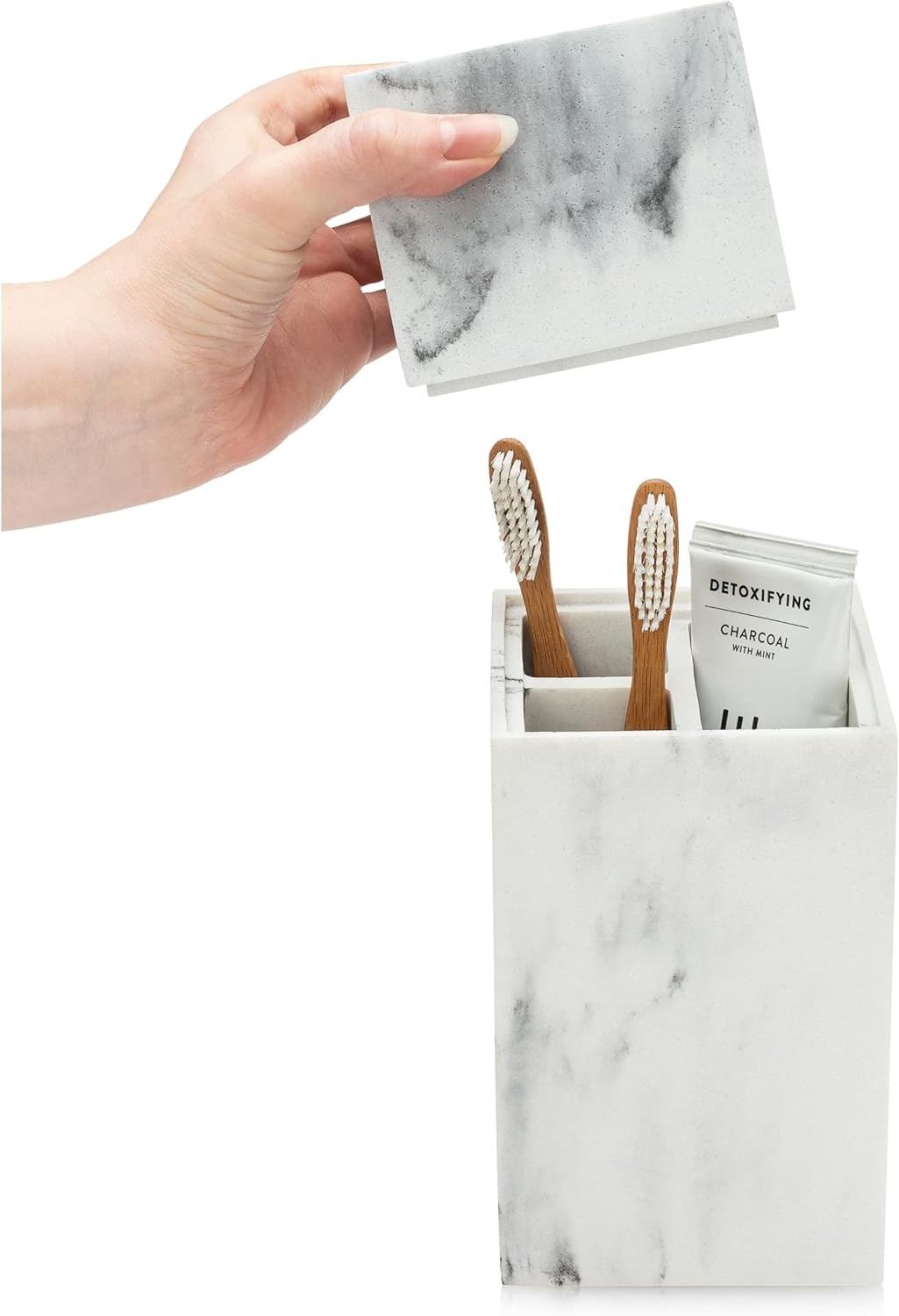 Essentra Home Toothbrush Holder with Lid, Elegant White Marble Bathroom Toothbru