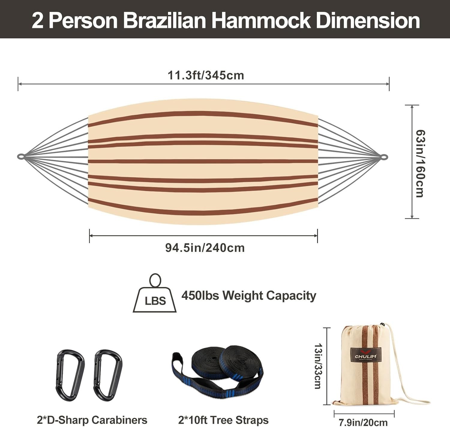 Patio Double Hammock with Tree Straps 94x63IN 2 Persons Hammock for Backyard