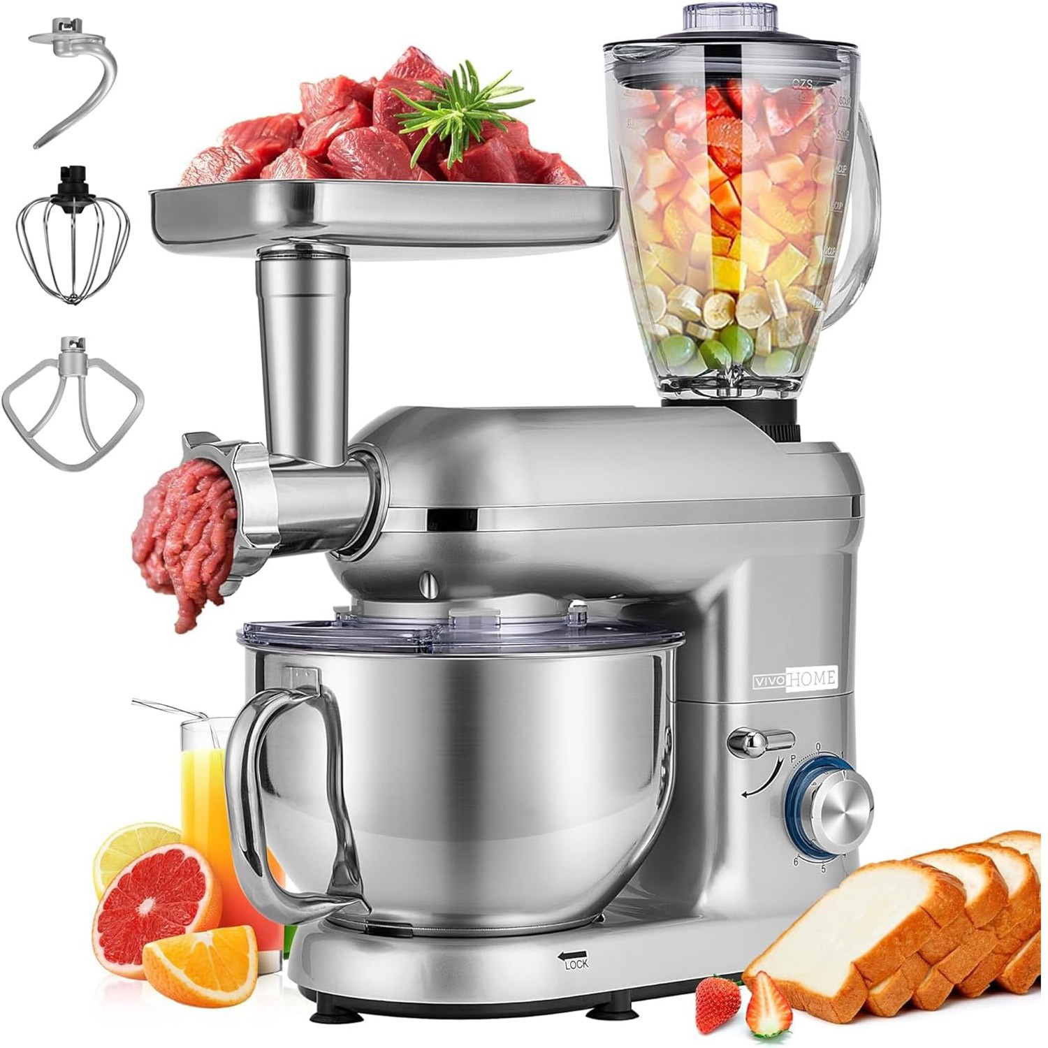 3In1 Food Stand Mixer Stainless Steel Bowl Meat Grinder Blender 6QT 6 Speed