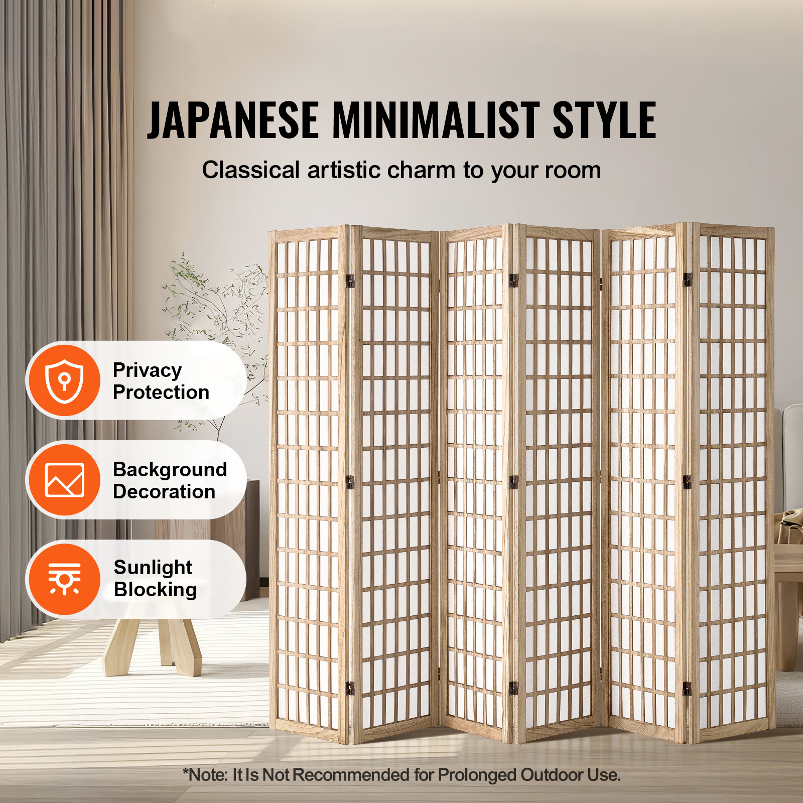Room Divider Japanese Wall Divider 6 Panel Screen for Room Separation