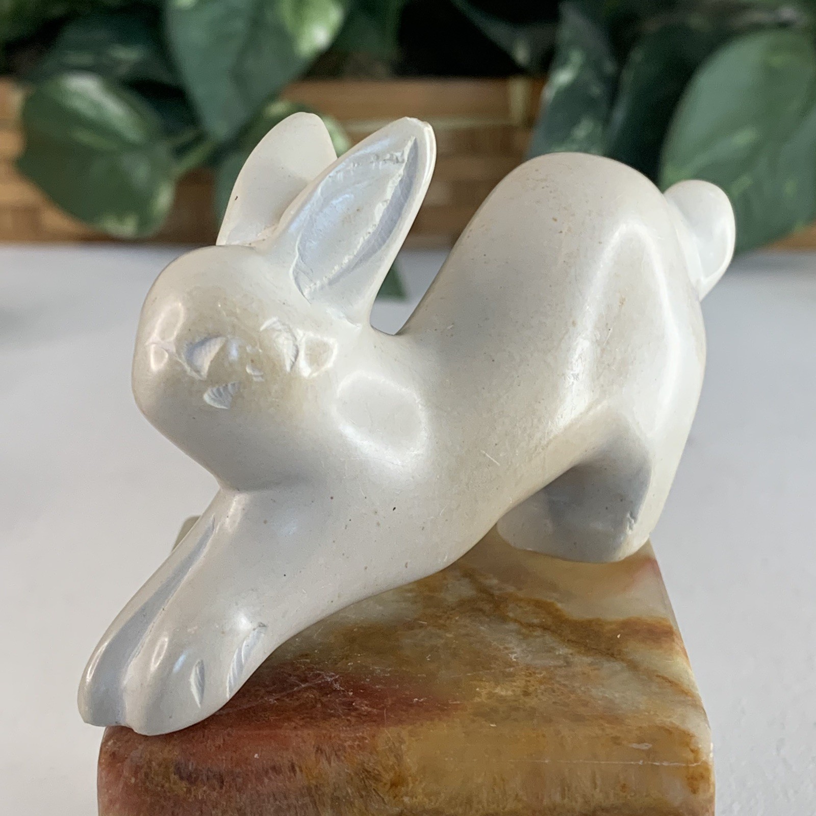 Large Soapstone Carved Rabbit Figurine Stone Bunny Carving Animal Figure 4.2”