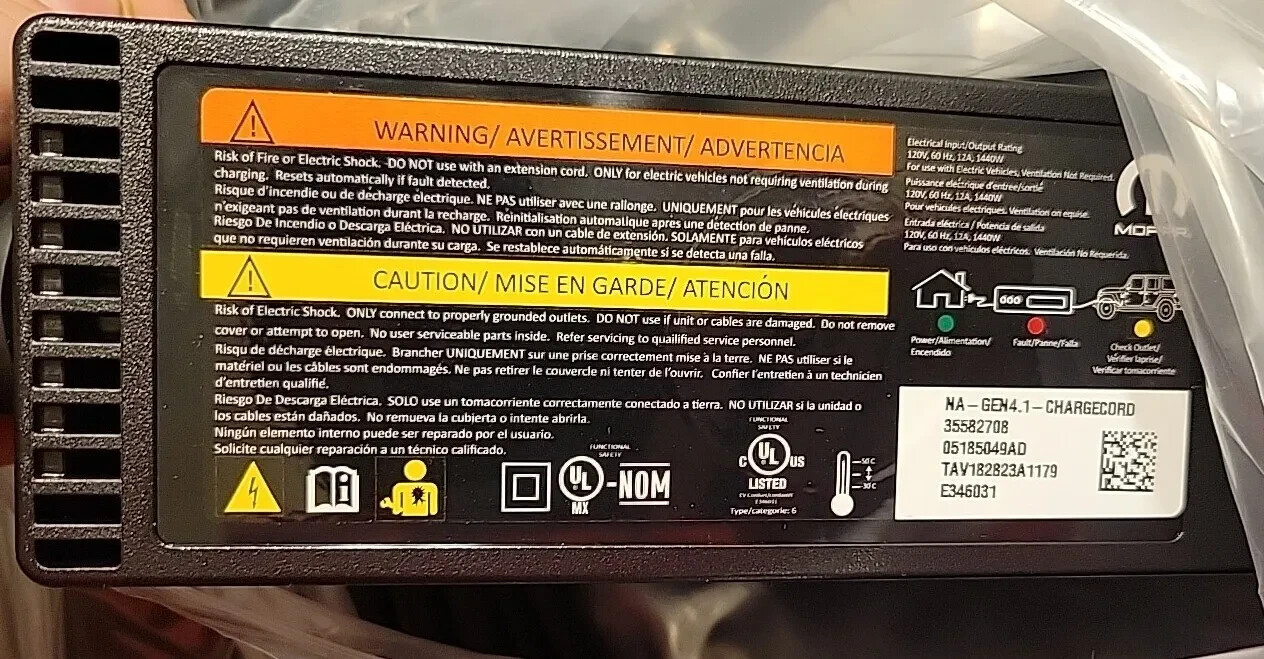 MOPAR Jeep Wrangler RUBICON GRAND CHEROKEE 4XE electric EV charger 05185049AD