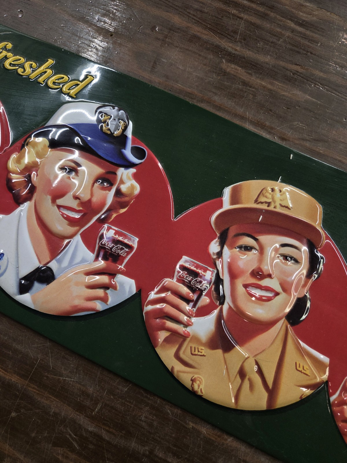 Coca-Cola Military Beauties Andy Rooney 3D Embossed Tin Sign Dark Green EUC