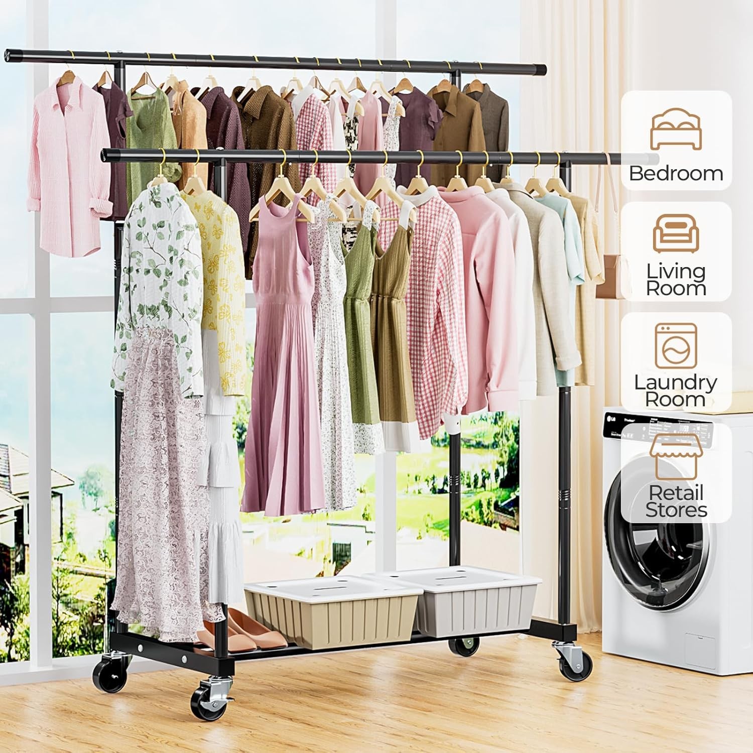 Abiglifty Double-Rods Clothes Rack for Hanging Clothes Clothing Rack with Wheels
