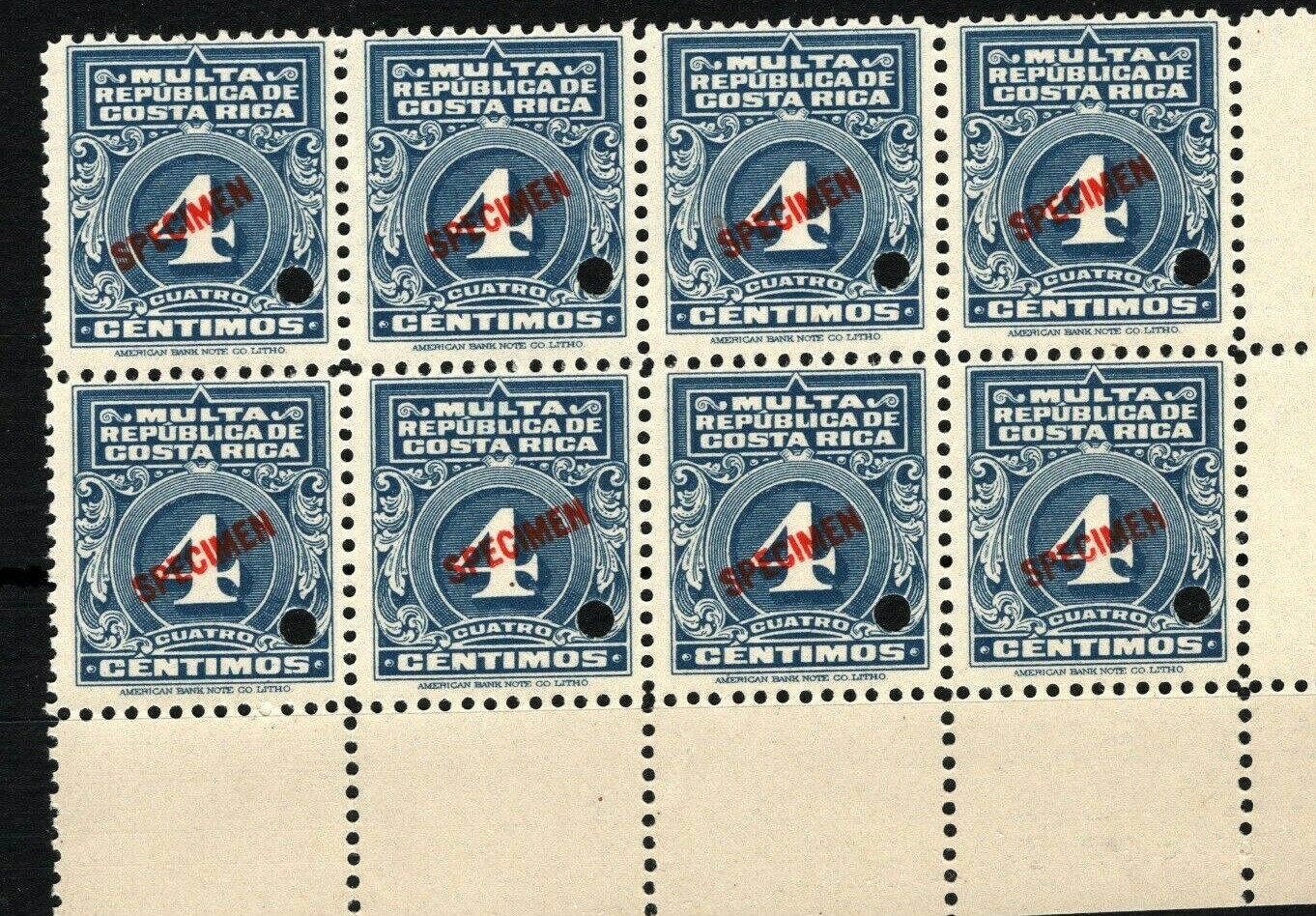 COSTA RICA REVENUES Fee ABNCo. *SPECIMEN* Corner Margin Block{8} UMM MNH SS3514