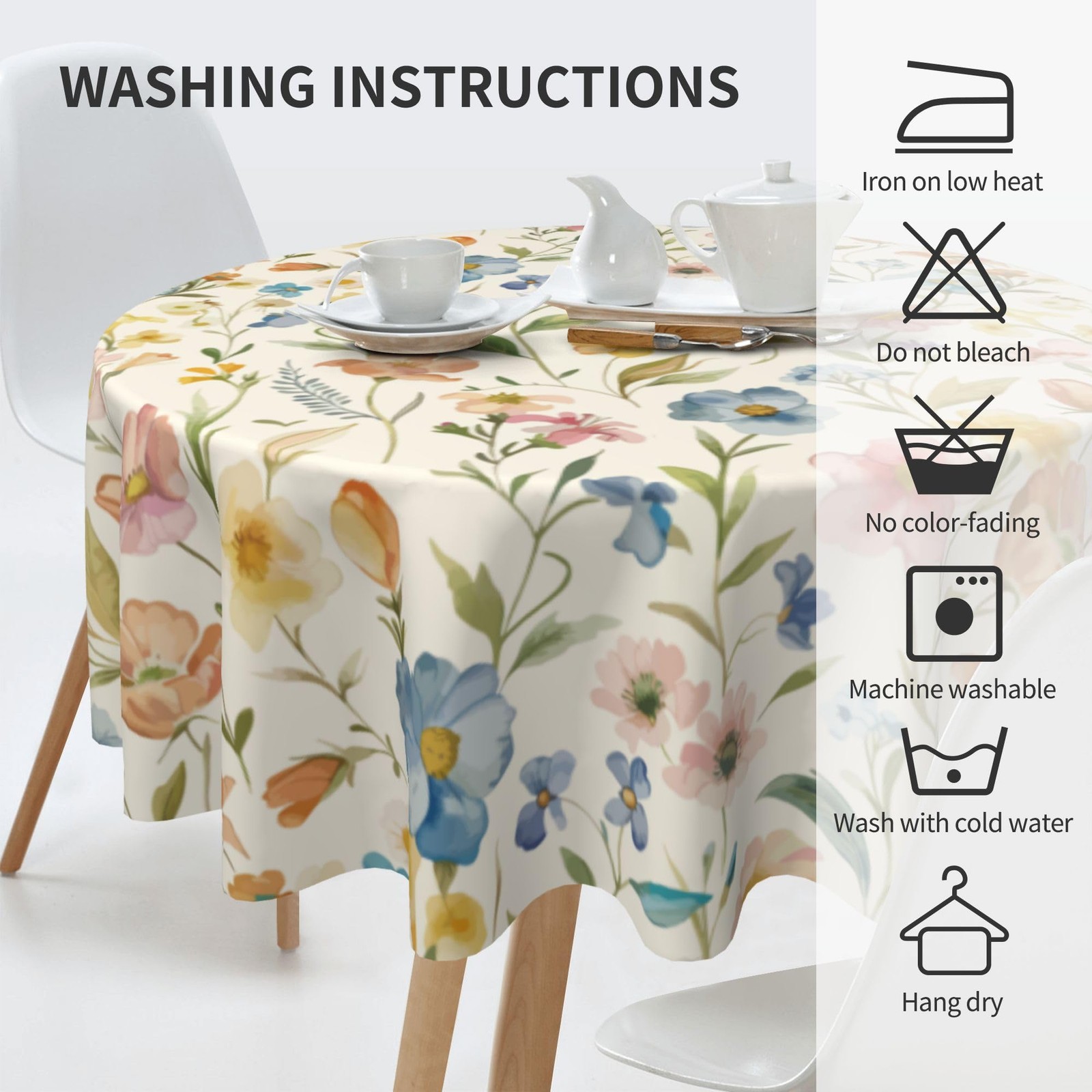 Spring Round Tablecloth 60 Inch Watercolor Flowers Table Anti-Wrinkle Waterpr...
