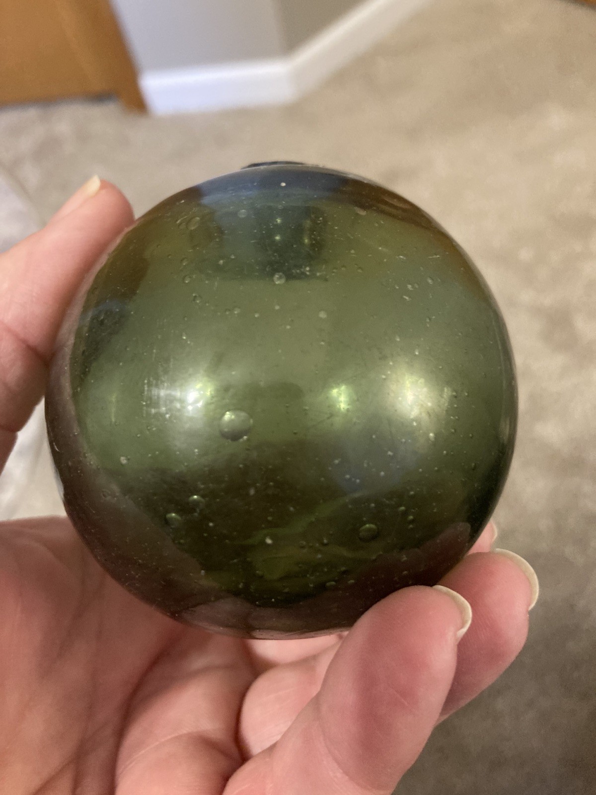 Vintage Japanese Glass Fishing Float Olive Green Net Buoy Nautical Decor