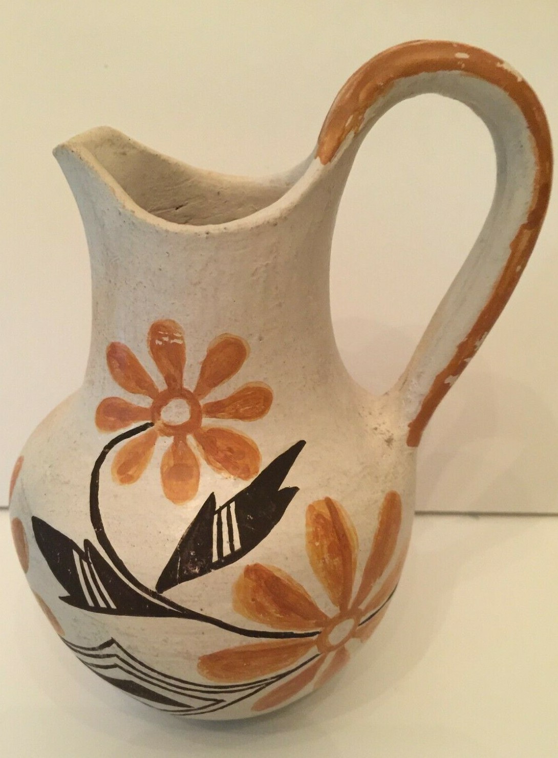 Vintage Acoma New Mexico Pottery Handmade Pitcher Hand Painted Floral 6" Tall