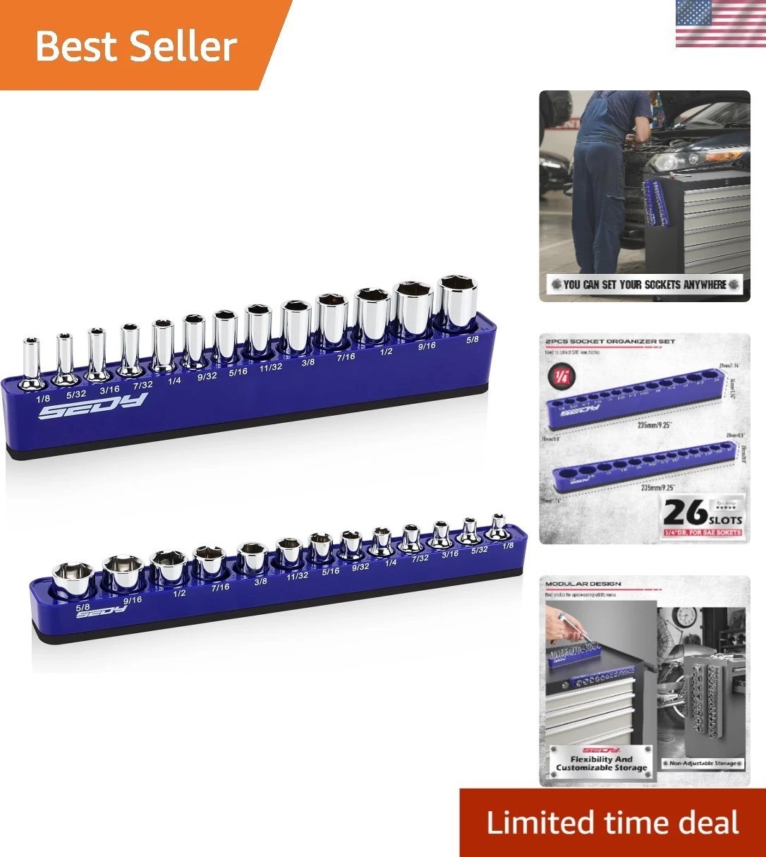 Heavy-Duty Magnetic Socket Organizer Set - 26 Socket Capacity, Modular Design